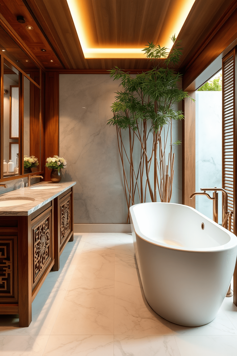 A serene Asian bathroom setting featuring teak wood accents and elegant marble surfaces. The focal point is a freestanding soaking tub made of smooth white marble, surrounded by lush greenery and bamboo elements. To the left, a teak vanity with dual sinks showcases intricate carvings and a polished marble countertop. Soft ambient lighting illuminates the space, enhancing the natural textures and creating a tranquil atmosphere.