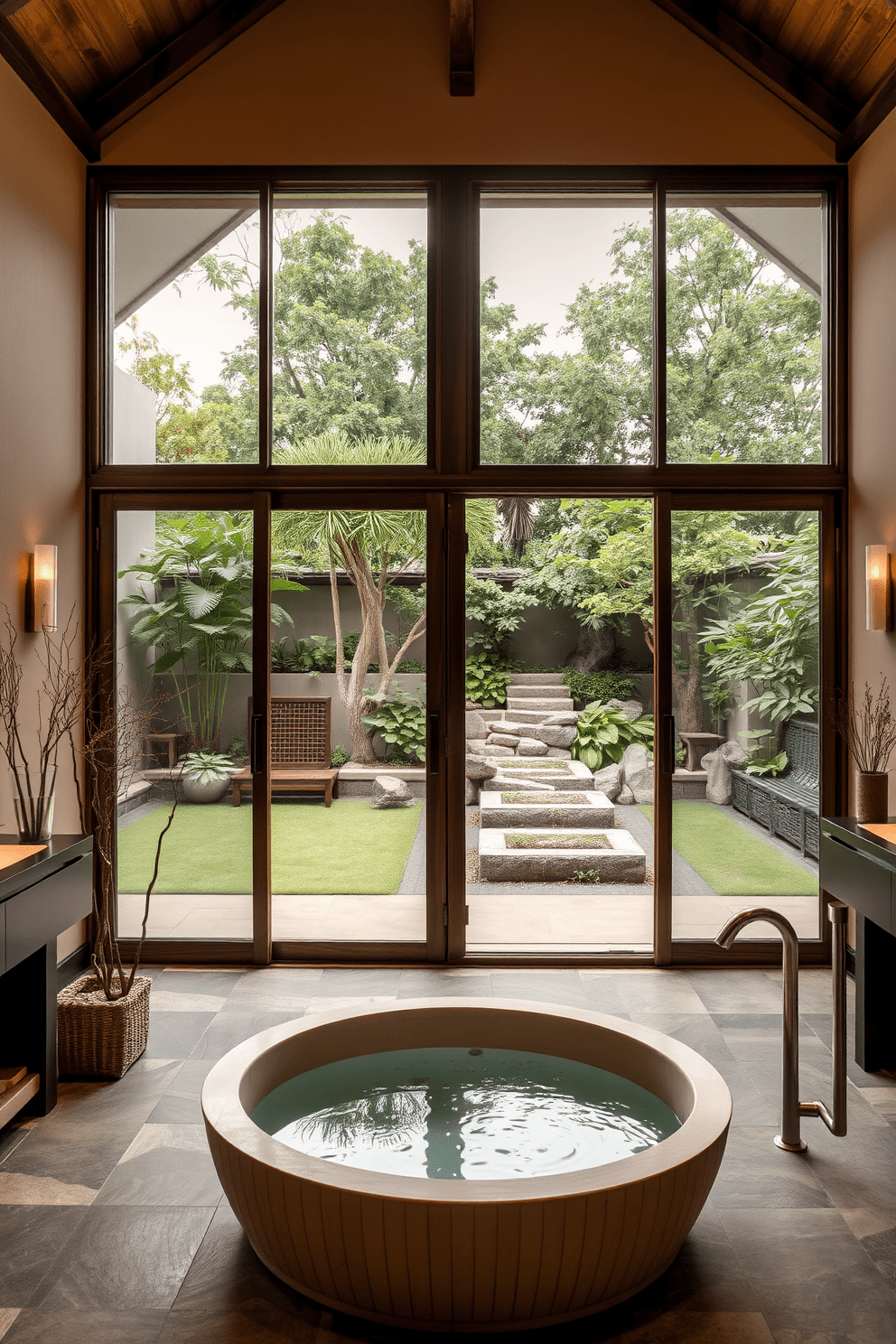 A serene Asian-inspired bathroom features large sliding glass doors that open to a lush outdoor space, creating a seamless indoor-outdoor transition. Natural materials such as bamboo and stone are used throughout, with a deep soaking tub positioned near the entrance to the garden. The walls are adorned with subtle earth tones, complemented by elegant wooden accents and soft ambient lighting. A tranquil water feature can be seen just outside the doors, enhancing the peaceful atmosphere of the space.