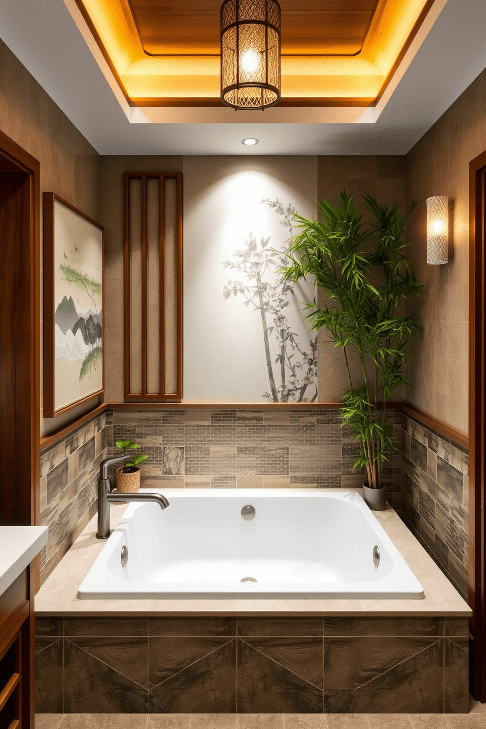 Create an Asian inspired bathroom that features elegant wooden accents and intricate tile work. Incorporate artwork that reflects traditional Asian themes, such as serene landscapes or delicate cherry blossoms. Design a tranquil space with a soaking tub surrounded by bamboo plants and soft lighting. Use a color palette of muted earth tones and deep greens to enhance the calming atmosphere.