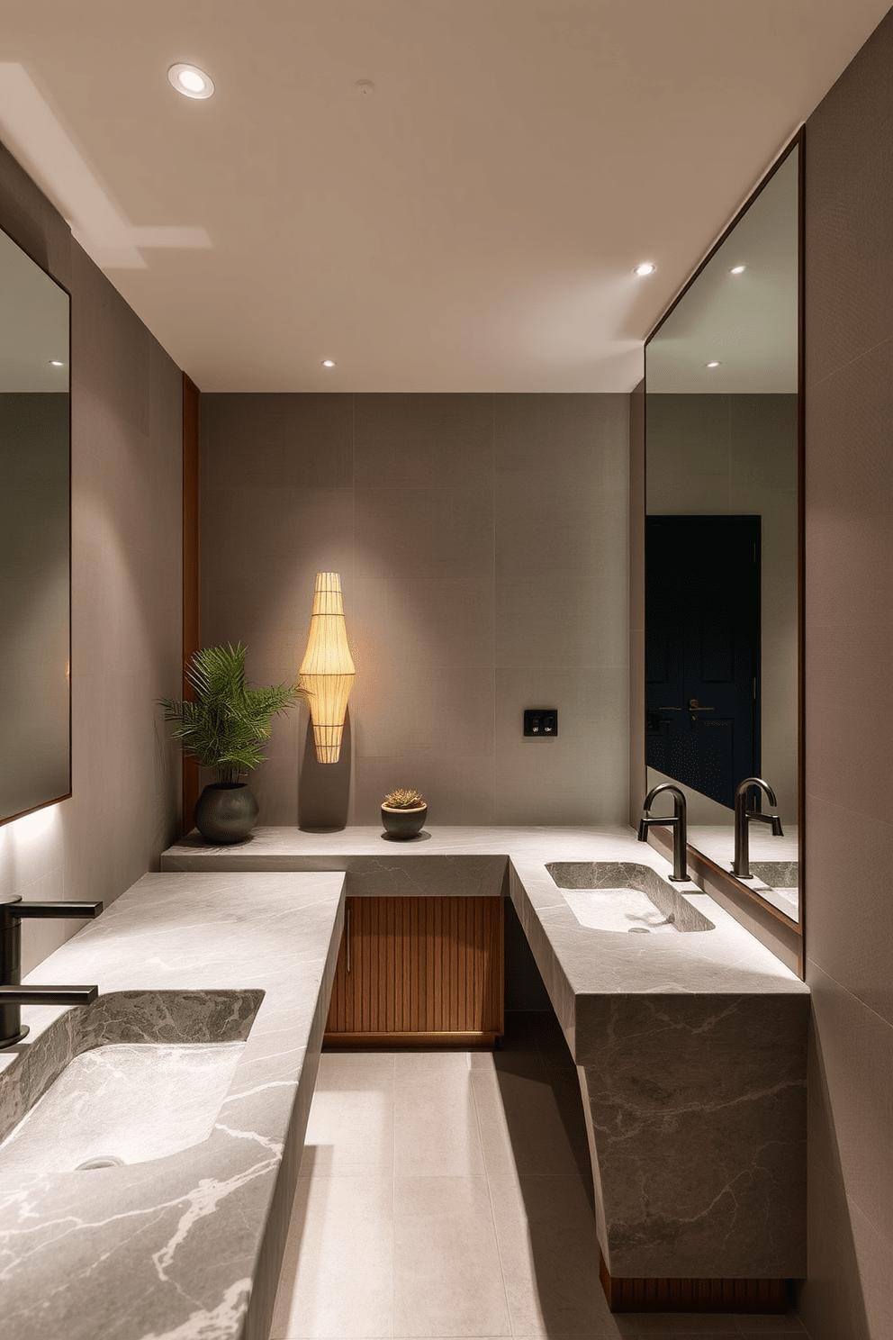 A serene Asian bathroom design featuring natural stone countertops that exude elegance. The space is adorned with bamboo accents and soft lighting, creating a tranquil atmosphere.