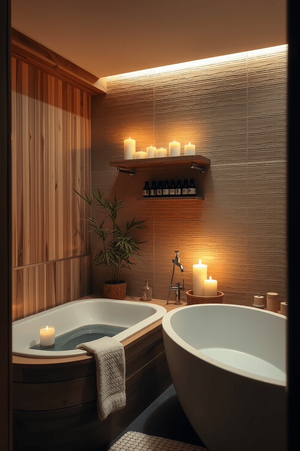 A serene bathroom setting illuminated by soft candlelight creates a tranquil atmosphere for evening baths. The space features natural wood accents, a deep soaking tub, and bamboo plants strategically placed for a calming effect. The walls are adorned with textured tiles in soothing earth tones, enhancing the overall ambiance. A minimalist wooden shelf holds neatly arranged candles and essential oils, inviting relaxation and peace.