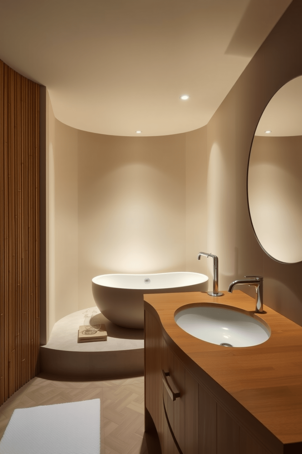 A serene Asian bathroom setting characterized by soft, flowing shapes and curved lines. The space features a freestanding soaking tub with an organic, rounded design surrounded by natural stone elements. The walls are adorned with bamboo panels, creating a warm and inviting atmosphere. A wooden vanity with a smooth, curved countertop complements the organic forms, while a large, round mirror reflects the tranquil ambiance.