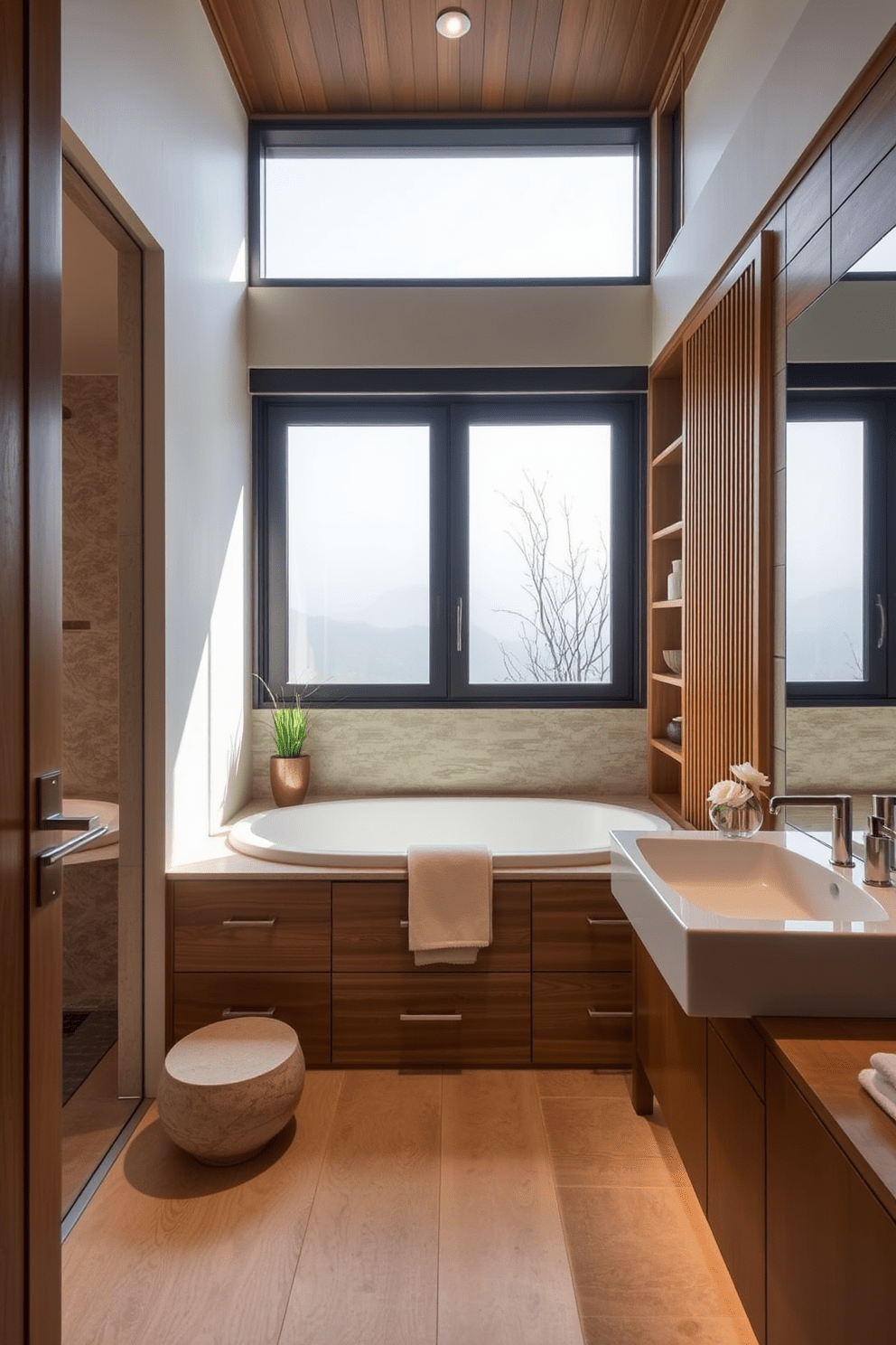 A serene Asian-inspired bathroom featuring integrated storage solutions that keep the space clutter-free. The design includes built-in wooden cabinetry with sliding doors, providing ample storage while maintaining a sleek aesthetic. Natural materials such as bamboo and stone are used throughout the space, creating a calming atmosphere. Large windows allow natural light to flood in, enhancing the tranquil vibe of this beautifully designed bathroom.