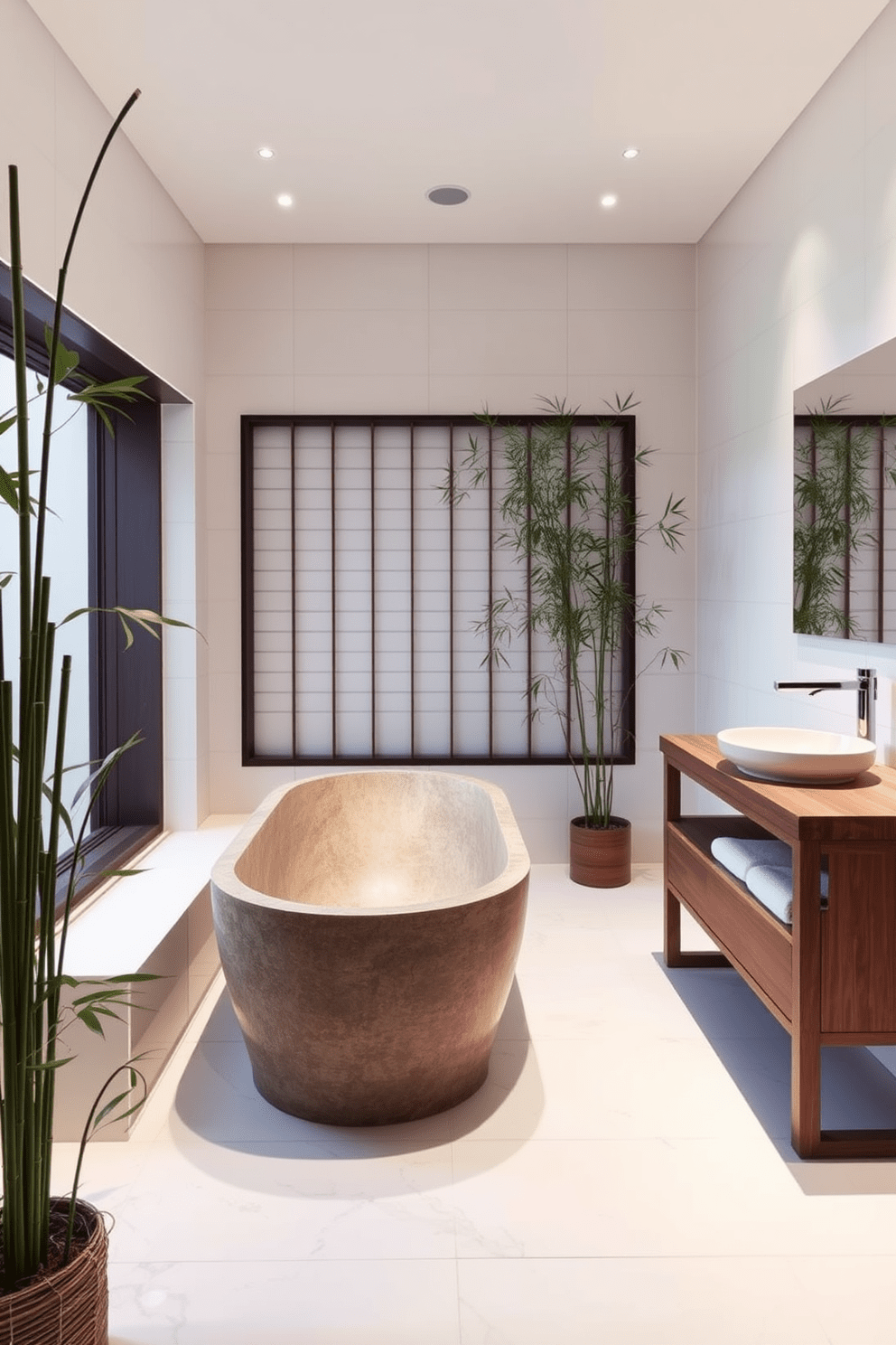 A serene Asian bathroom featuring minimalist design principles. The space includes a freestanding soaking tub made of natural stone, surrounded by bamboo plants for a tranquil atmosphere. The walls are clad in smooth white tiles, creating a clean and bright backdrop. A wooden vanity with a simple sink sits adjacent to the tub, complemented by subtle lighting that enhances the peaceful ambiance.