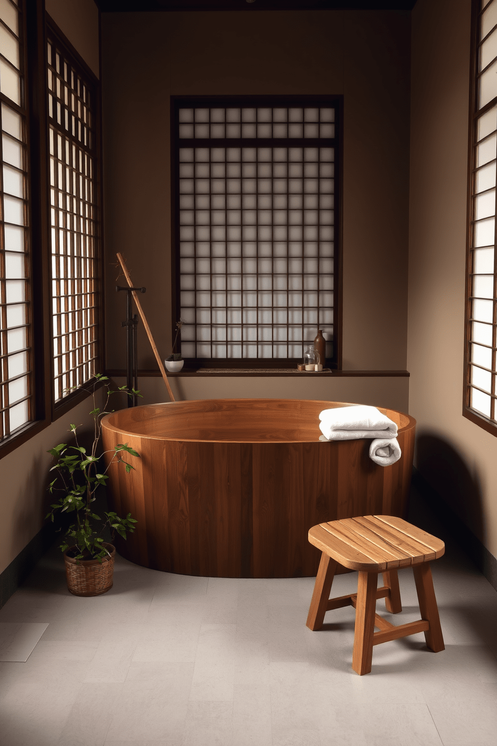 A serene Japanese style wooden bath is nestled within a tranquil space, surrounded by elegant shoji screens that filter soft natural light. The bath is made of rich cedar wood, and the floor features smooth river stones that enhance the natural aesthetic. Delicate bamboo accents and potted greenery create a calming atmosphere, while a minimalist wooden stool holds neatly folded towels. The walls are adorned with subtle earth tones, complementing the overall harmony of the Asian bathroom design.