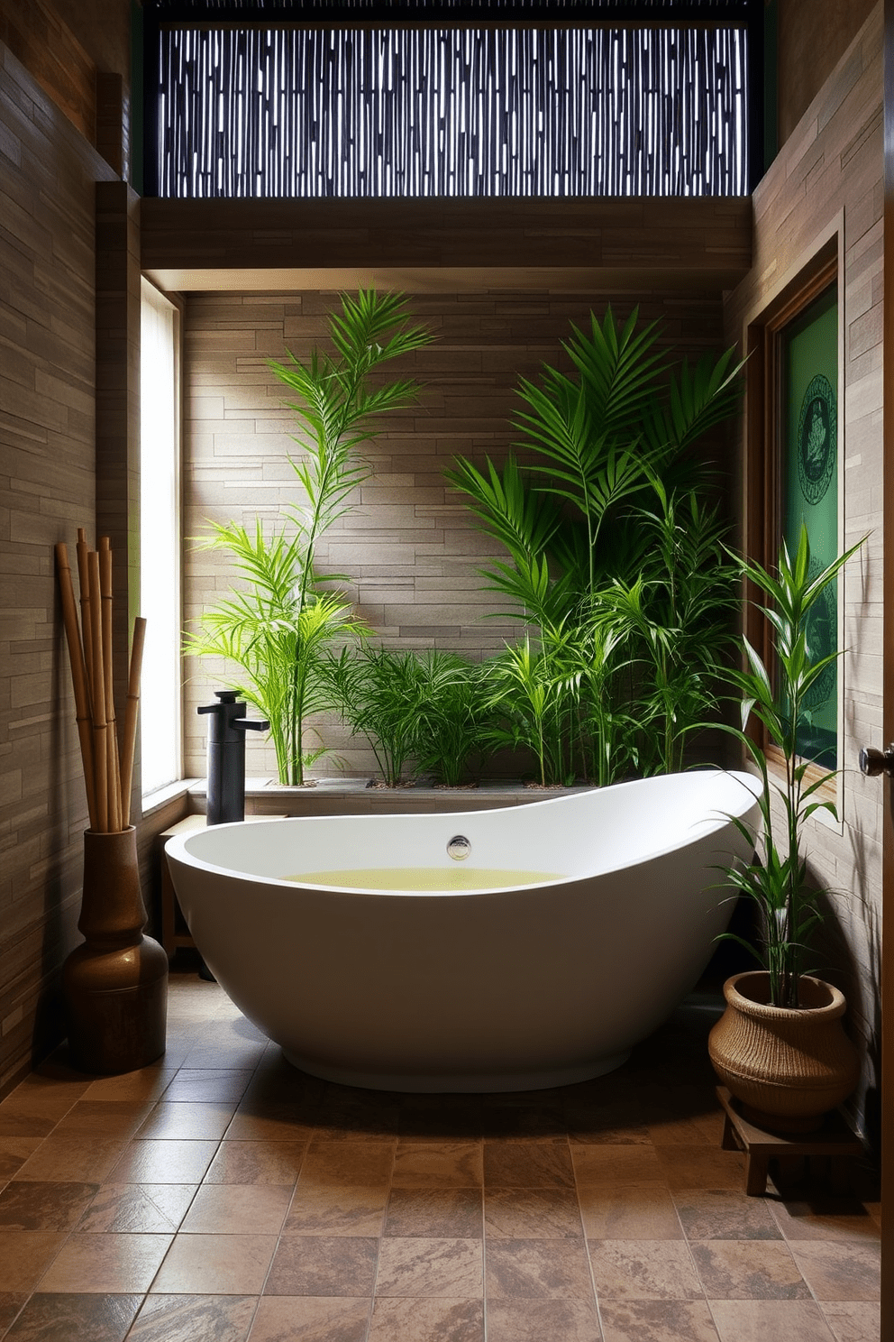 A serene Asian bathroom setting featuring stone tiles that provide an earthy texture. The space is adorned with bamboo accents and a freestanding soaking tub surrounded by lush greenery.