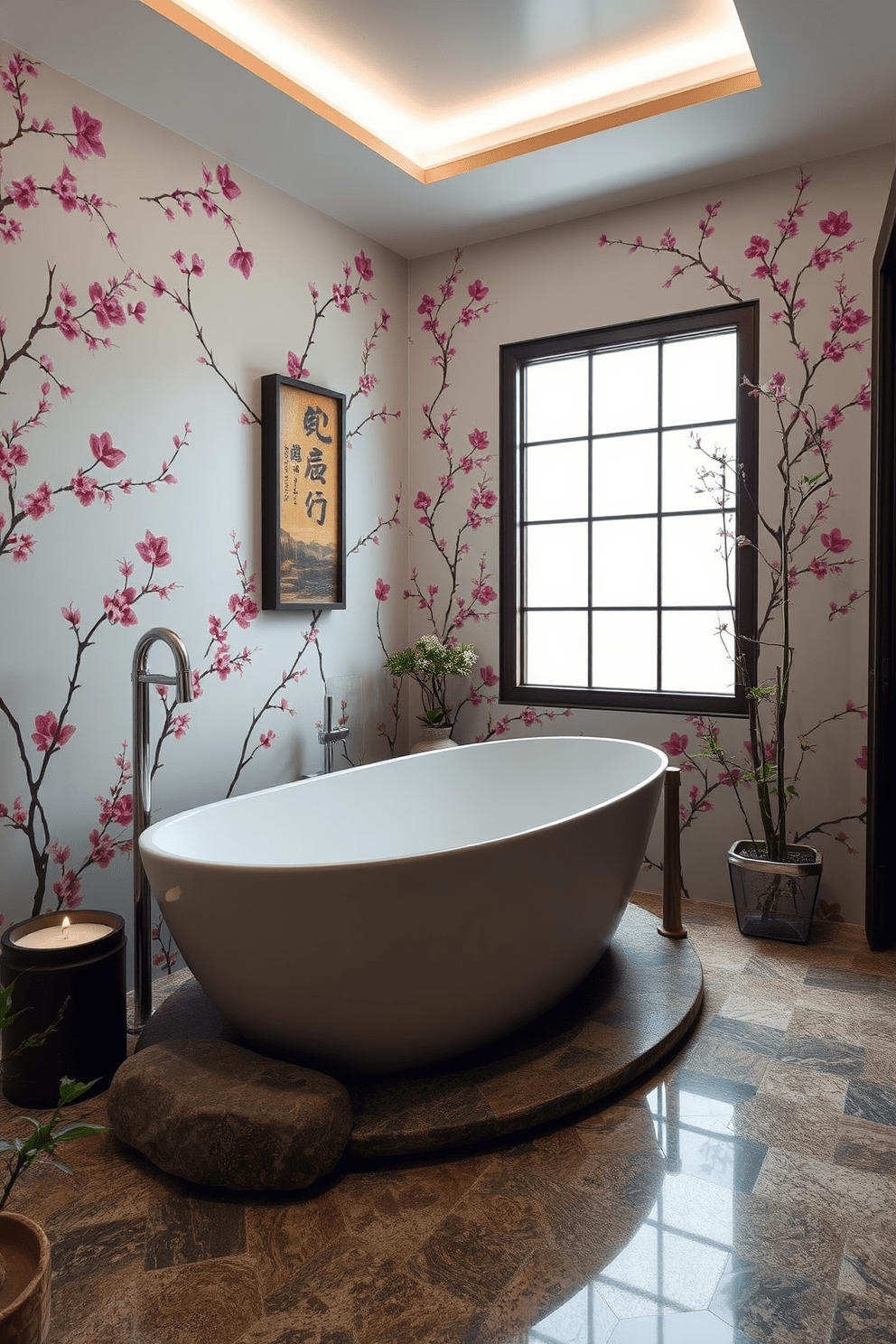 A serene Asian bathroom setting adorned with cherry blossom wallpaper that adds a delicate touch. The space features a freestanding soaking tub surrounded by natural stone accents and bamboo plants for a tranquil atmosphere.