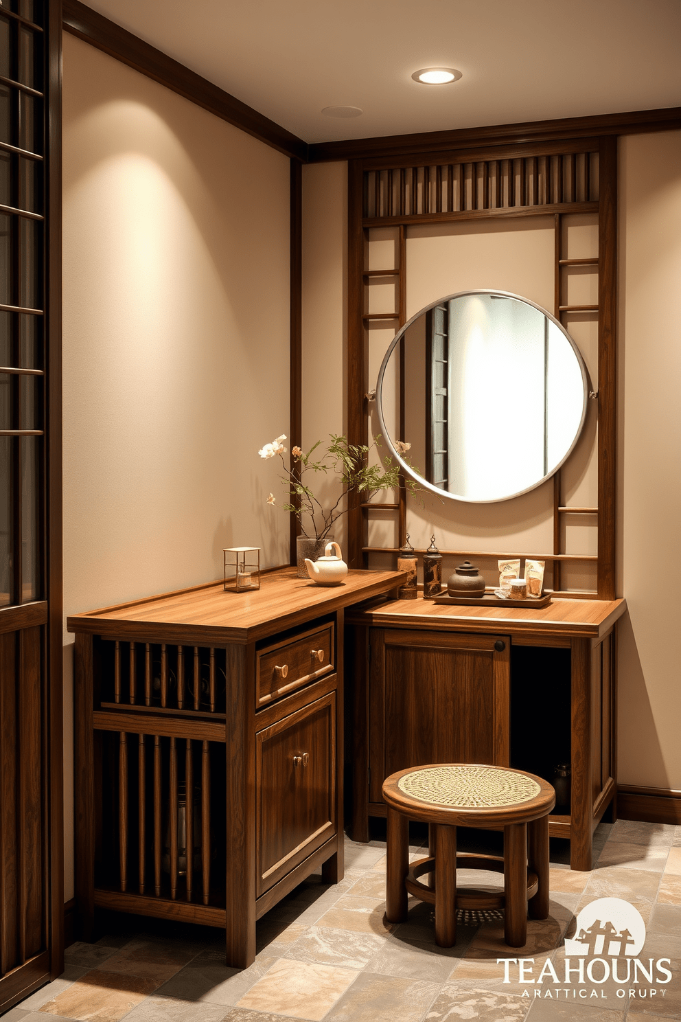 A tea house inspired vanity with intricate woodwork and ample storage sits against a backdrop of soft beige walls. The space features bamboo accents, a large round mirror, and subtle lighting that creates a warm and inviting atmosphere. Natural stone tiles cover the floor, complemented by a small indoor plant to enhance the serene ambiance. The vanity is adorned with traditional Asian decor, including a delicate teapot and a selection of herbal teas.