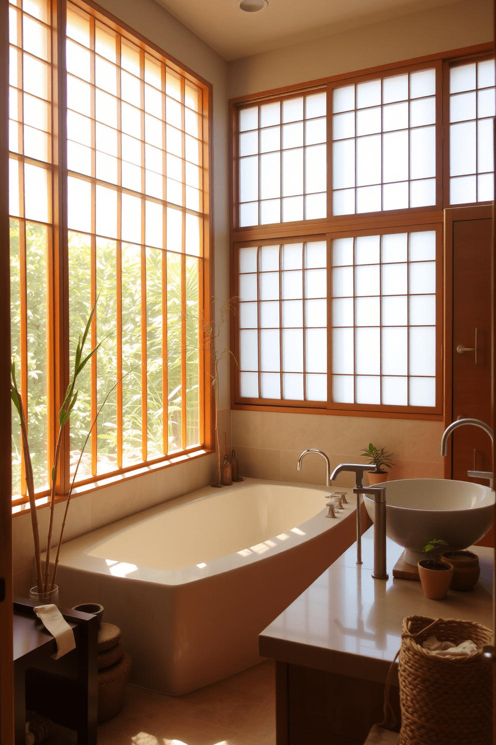 A serene bathroom space illuminated by natural light filtering through elegant shoji screens. The design features a deep soaking tub surrounded by smooth stones and bamboo accents, creating a tranquil atmosphere. Warm wood cabinetry complements the soft hues of the walls, while a minimalist sink area showcases a sleek vessel sink. Decorative elements include potted plants and a woven basket, enhancing the Asian-inspired aesthetic.