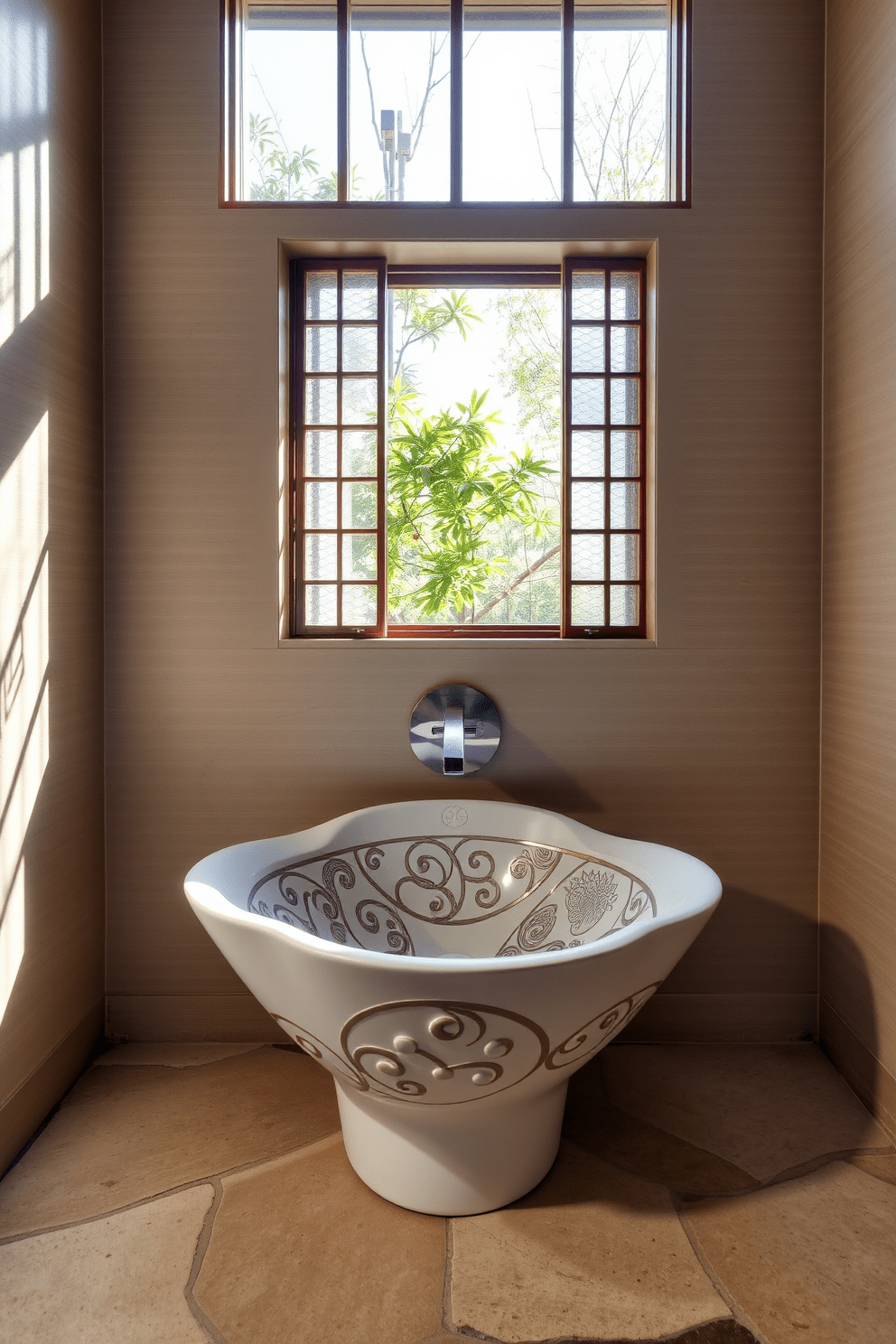 A sculptural sink with intricate Asian motifs serves as the centerpiece of the bathroom. The walls are adorned with subtle bamboo patterns, creating a serene and tranquil atmosphere. Natural light filters through a shoji screen window, casting delicate shadows across the space. The floor is finished with smooth river stones, enhancing the organic feel of the design.