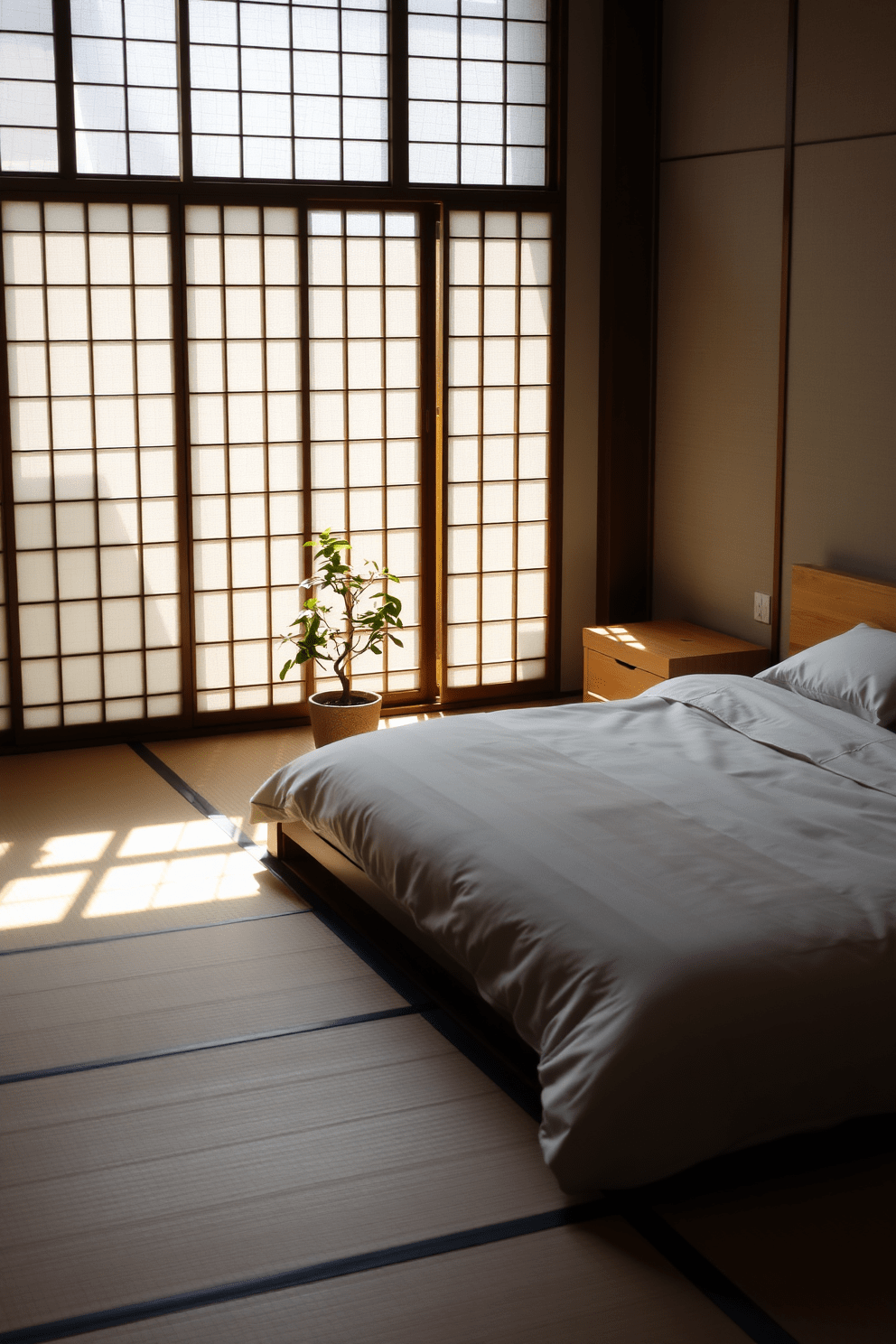 A serene Asian bedroom featuring minimalist Japanese tatami style flooring. The room is adorned with low-profile furniture, including a platform bed with soft bedding and a simple wooden nightstand. Natural light filters through shoji screens, casting gentle shadows on the floor. A small indoor plant sits in the corner, adding a touch of greenery to the tranquil space.