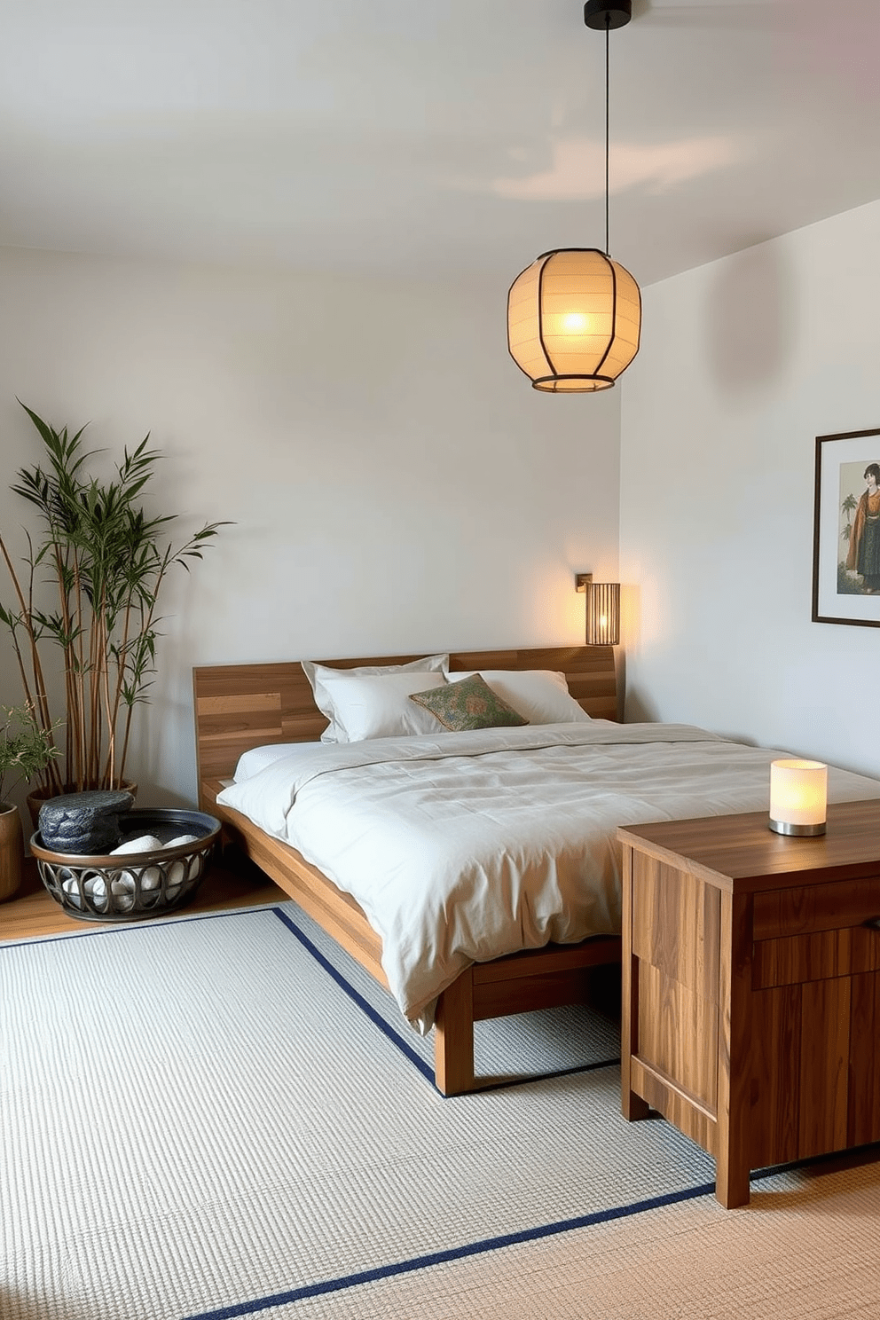 A serene Asian bedroom designed with Feng Shui principles emphasizes balance and harmony. The space features a low platform bed with natural wood finishes and soft, neutral bedding to promote relaxation and tranquility. To the left of the bed, a small indoor water feature creates a calming ambiance, while bamboo plants are placed in the corners for a touch of nature. Soft lighting from paper lanterns enhances the peaceful atmosphere, and a simple wooden dresser keeps the space organized and clutter-free.