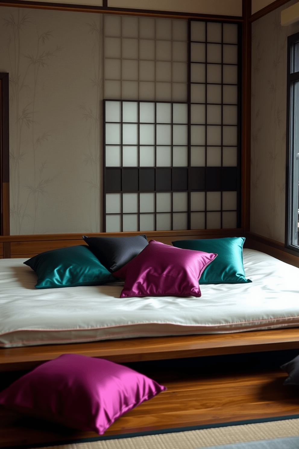 A serene Asian bedroom setting featuring silk cushions in rich jewel tones scattered across a low wooden platform bed. The walls are adorned with delicate bamboo wallpaper, and a traditional shoji screen allows soft light to filter in, enhancing the tranquil atmosphere.