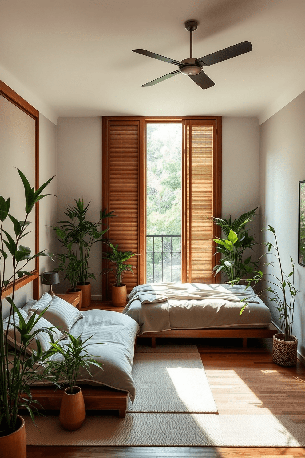 A serene Asian bedroom design featuring natural wood accents and soft, neutral colors. A large window allows natural light to fill the room, illuminating the space filled with indoor plants for fresh air and beauty. The bed is low to the ground with a simple, elegant headboard, adorned with plush bedding in calming tones. Bamboo and other greenery are strategically placed around the room, enhancing the tranquil atmosphere while promoting a connection to nature.