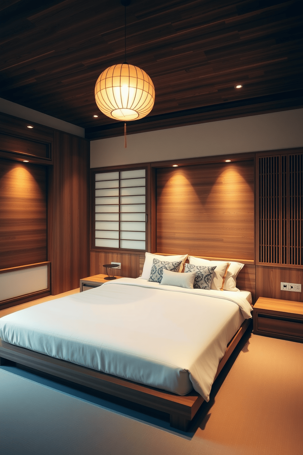 A serene Asian-inspired bedroom featuring warm wooden accents and natural materials. The space includes a low platform bed with a plush mattress, adorned with neutral-toned bedding and decorative throw pillows. Recessed lighting is strategically placed to create a soft and inviting ambiance throughout the room. A delicate paper lantern hangs from the ceiling, providing additional warm light and enhancing the tranquil atmosphere.