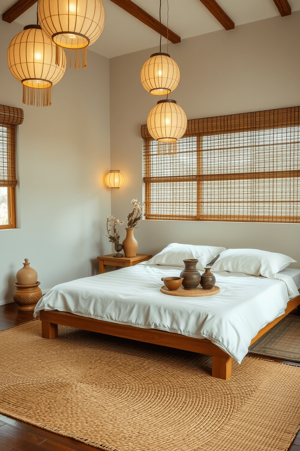 A serene Asian bedroom setting featuring handcrafted pottery as decor accents. The room is adorned with a low wooden platform bed, surrounded by delicate rice paper lanterns that cast a warm glow. Natural textures dominate the space, with a woven jute rug underfoot and bamboo blinds covering the windows. On a bedside table, a collection of unique pottery pieces adds an artistic touch, complementing the calming color palette of soft earth tones.