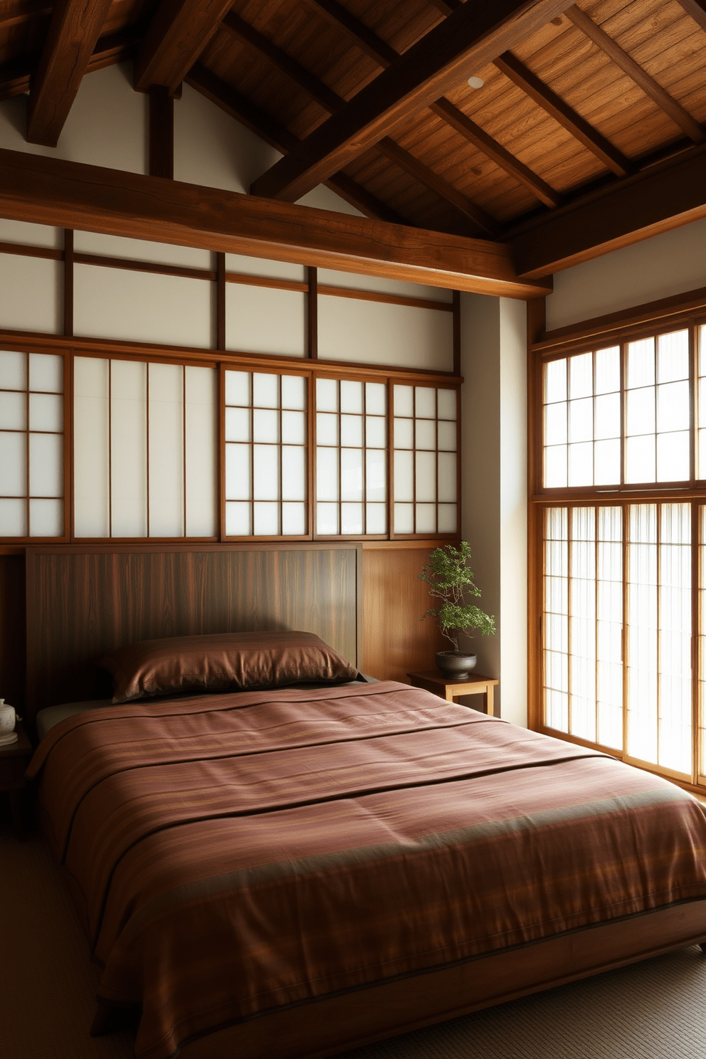 A serene Asian bedroom setting featuring wooden beams that add rustic charm to the space. The room is adorned with a low platform bed dressed in rich textiles and surrounded by bamboo accents. Natural light filters through shoji screens, creating a tranquil atmosphere. A minimalist nightstand holds a small bonsai tree and a traditional tea set, enhancing the Zen-inspired decor.