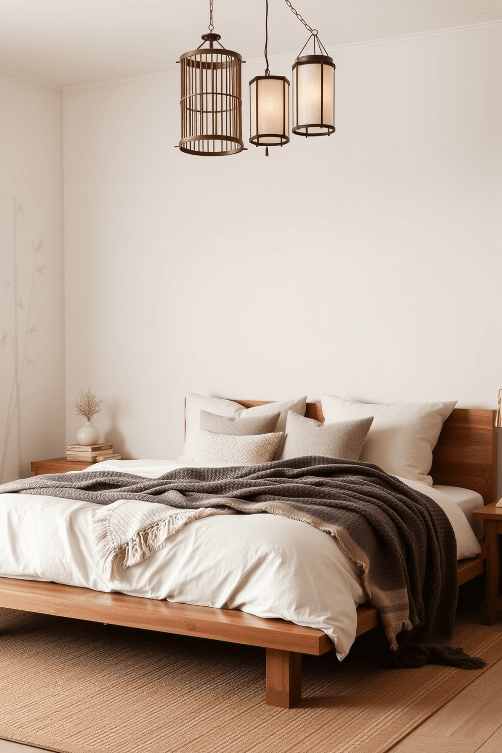 A serene Asian-inspired bedroom featuring neutral bedding layered with textured throws. The walls are adorned with subtle bamboo patterns, and a low wooden platform bed is complemented by delicate lanterns hanging from the ceiling.