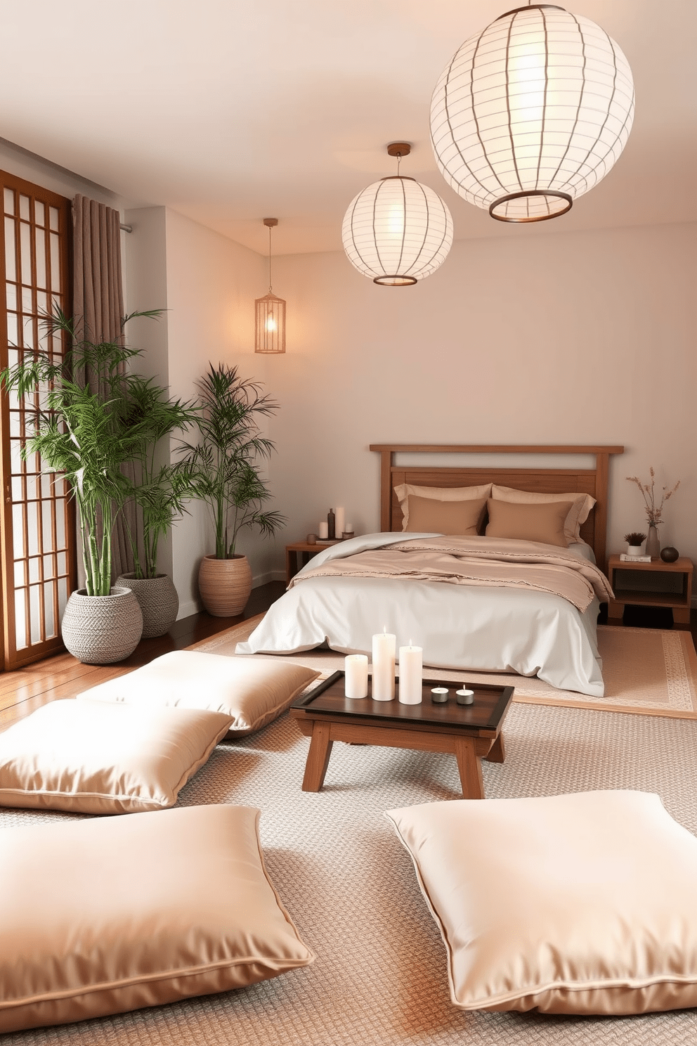 A serene meditation corner featuring plush floor cushions in soft earth tones. The space is adorned with bamboo plants and a low wooden table that holds candles and incense. An Asian bedroom design showcasing a low platform bed with a natural wood finish. The room is accented with silk bedding and delicate paper lanterns that provide a warm, inviting glow.