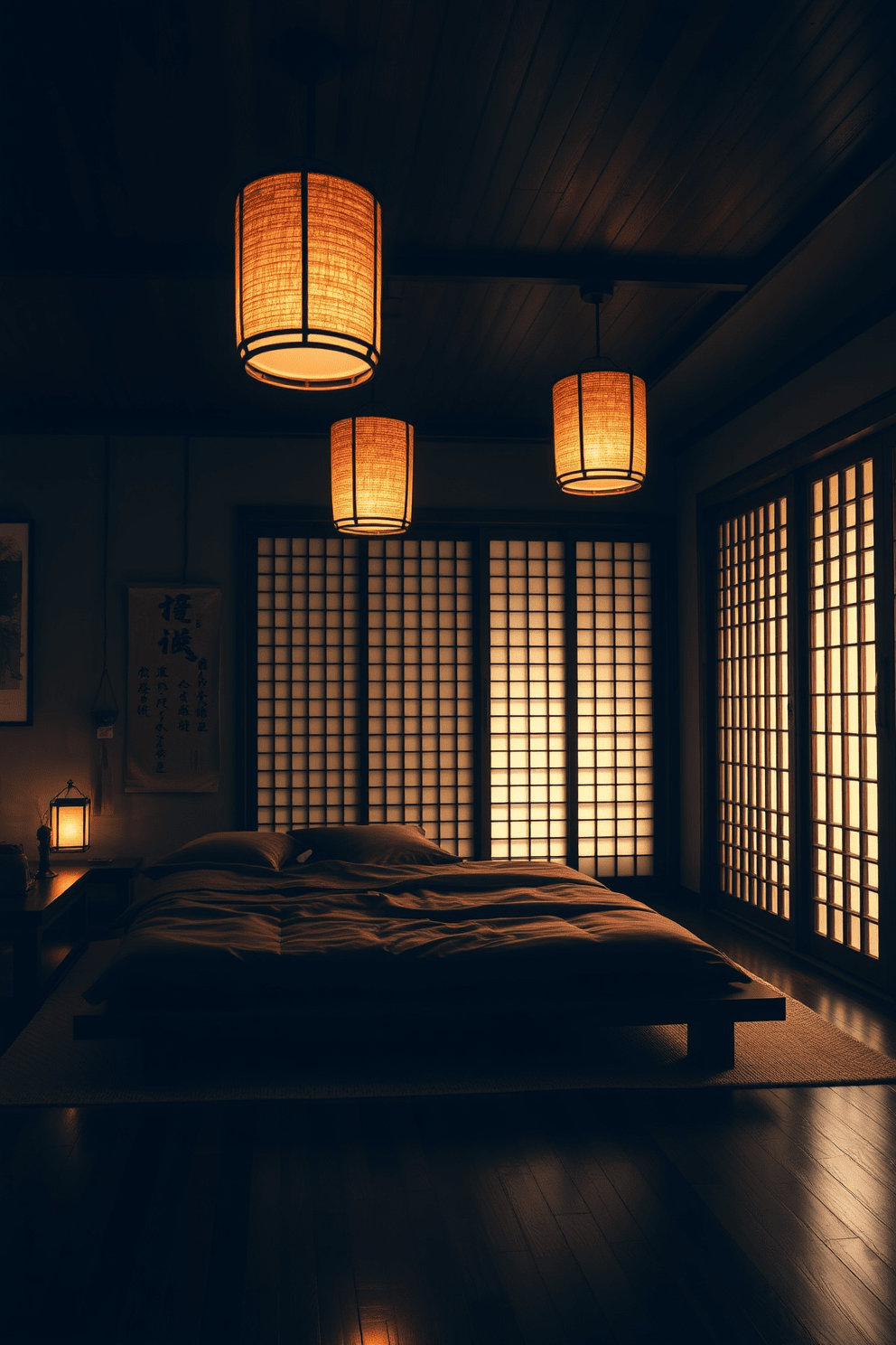 A serene Asian bedroom featuring traditional Japanese lanterns that cast a warm glow throughout the space. The room is adorned with a low wooden platform bed dressed in rich fabrics, complemented by sliding shoji screens that provide a sense of tranquility.