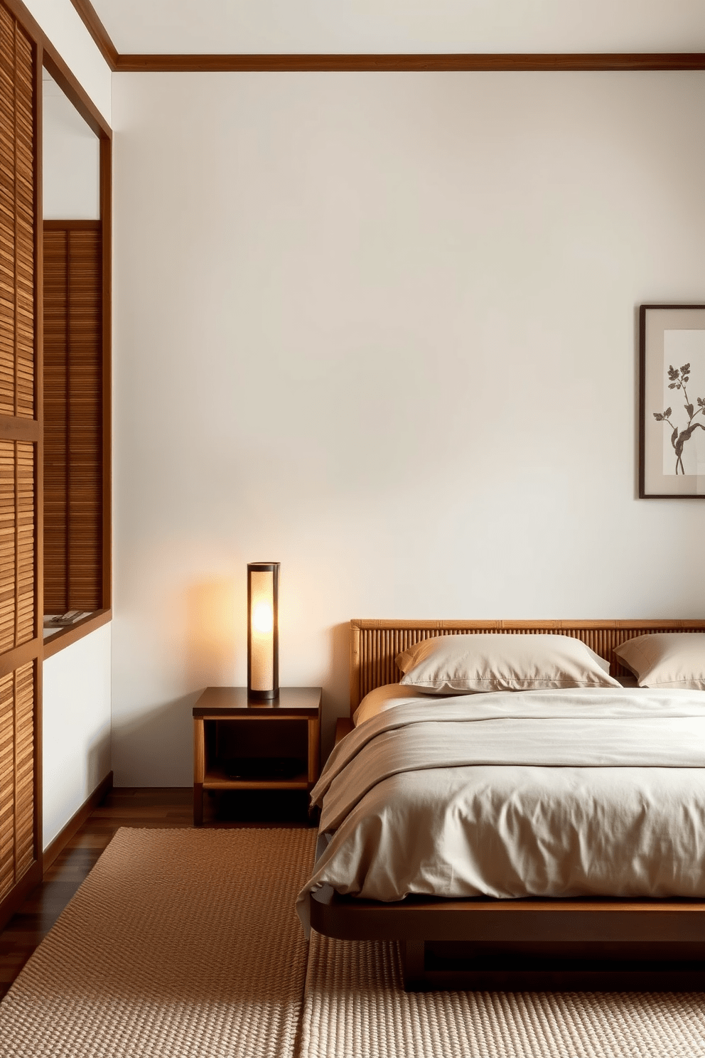 A serene Asian bedroom featuring bamboo accents that infuse natural warmth into the space. The room includes a low platform bed with a bamboo headboard, complemented by soft linens in earthy tones. To the side, a sleek bamboo nightstand holds a simple lamp with a warm glow. The walls are adorned with subtle, nature-inspired artwork, and a woven rug adds texture underfoot.