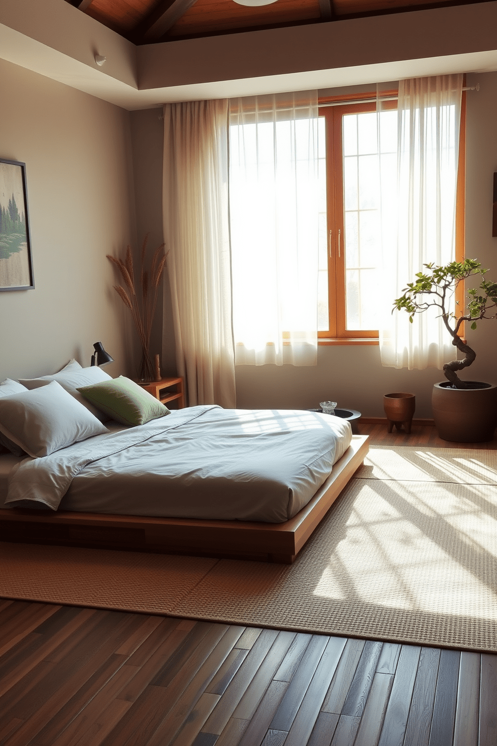 A serene Asian bedroom featuring earthy tones to create a calming atmosphere. The room includes a low wooden platform bed with a neutral bedding set and accent pillows in soft greens and browns. Natural light filters through sheer curtains, casting gentle shadows on the bamboo flooring. A small indoor water feature adds a soothing sound, while decorative elements like a bonsai tree and minimalist wall art enhance the tranquil vibe.