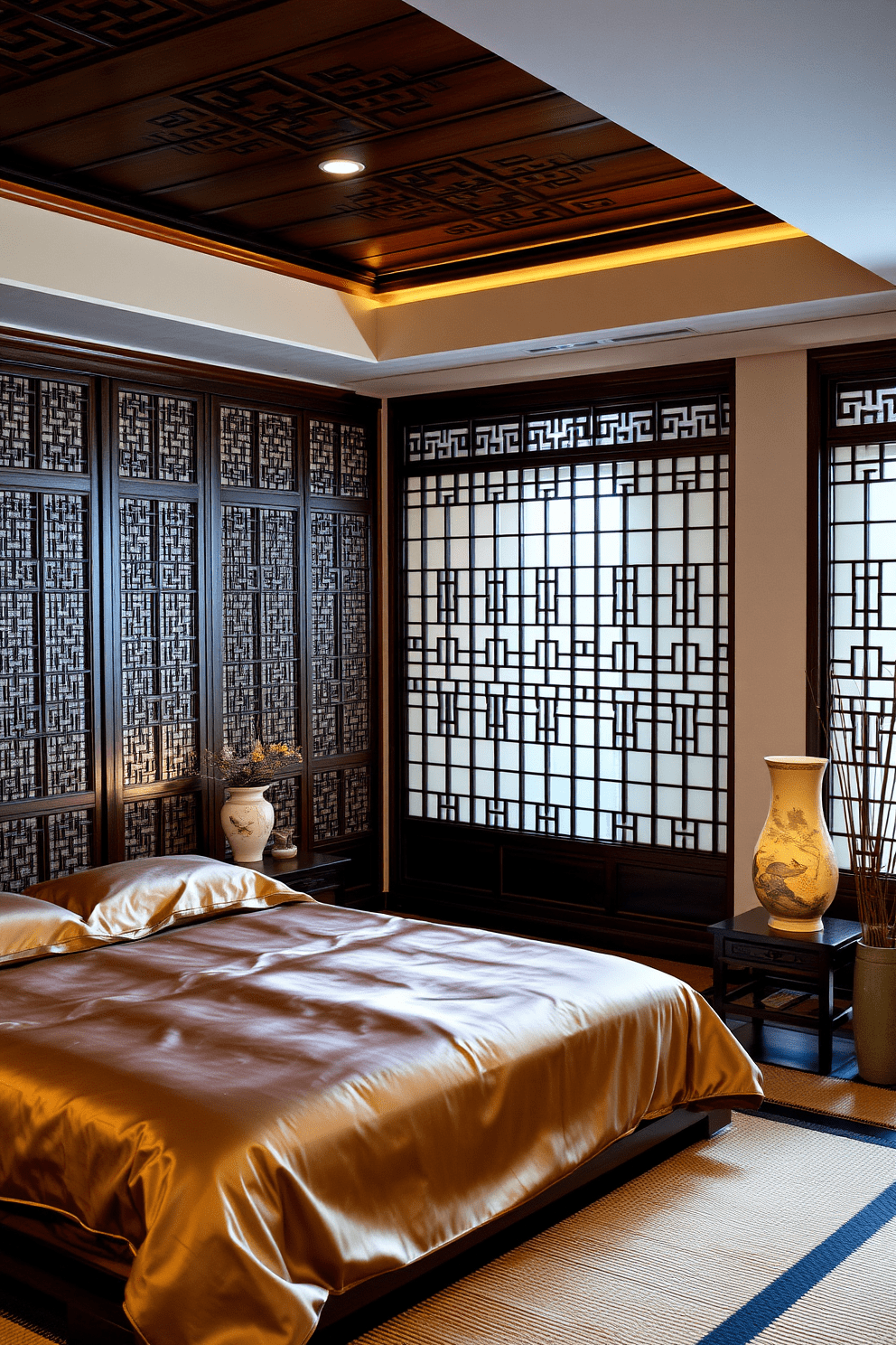 A serene Asian bedroom featuring traditional motifs. The space is adorned with intricate wooden screens and a low platform bed dressed in rich silk linens. Soft ambient lighting casts a warm glow over the room. Decorative elements include hand-painted ceramic vases and bamboo accents, enhancing the tranquil atmosphere.