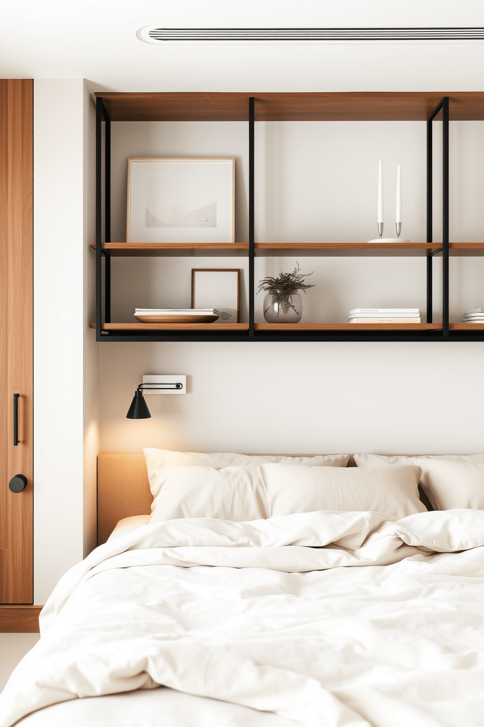 A serene Asian bedroom featuring open shelving that showcases minimalist decor. The walls are adorned with soft neutral tones, and the bedding is layered with natural fabrics in muted colors.