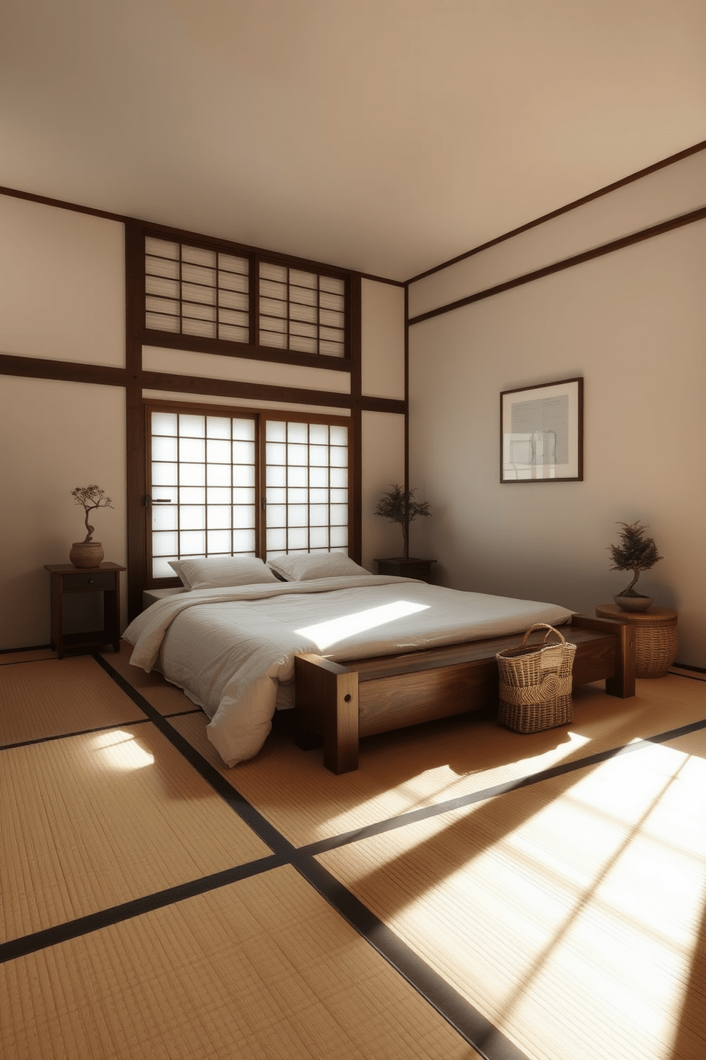 A serene Asian bedroom featuring traditional tatami mats that provide an authentic feel. The room is adorned with minimalistic furniture, including a low wooden bed and a simple nightstand, all set against soft, neutral walls. Natural light filters through shoji screens, casting gentle shadows across the space. A few carefully placed bonsai trees and a woven basket add touches of nature and warmth to the serene atmosphere.