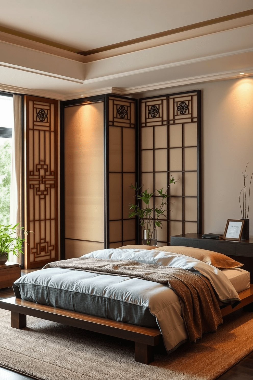 Elegant screen dividers create a harmonious flow in the Asian bedroom, adding both style and functionality. These dividers feature intricate wood carvings and soft fabric panels that evoke a sense of tranquility and privacy. The bedroom is adorned with low-profile furniture, including a platform bed with rich textiles and a cozy reading nook by the window. Natural elements like bamboo plants and warm lighting enhance the serene atmosphere, making it a perfect retreat.