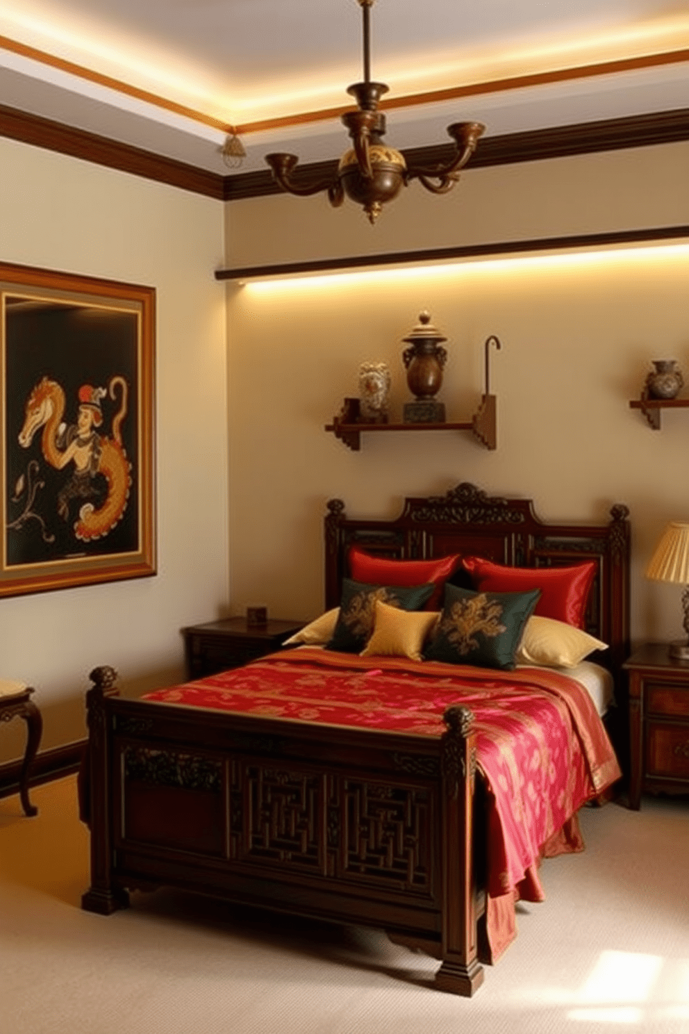 A serene Asian bedroom featuring vintage artifacts as focal points. The room is adorned with a rich wooden bed frame, complemented by intricate carvings and silk bedding in deep red and gold tones. On the walls, traditional Asian paintings hang alongside decorative shelves displaying antique vases and sculptures. Soft ambient lighting casts a warm glow, enhancing the tranquil atmosphere of the space.