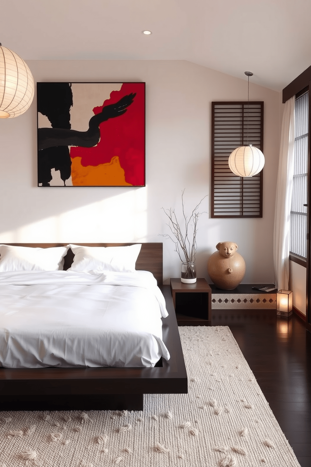 A serene Asian bedroom featuring a low platform bed with a dark wood frame and crisp white bedding. On the wall above the bed, a large contemporary art piece with bold colors adds a striking contrast to the minimalist decor. The room is adorned with bamboo accents and a small indoor water feature that enhances tranquility. Soft lighting from paper lanterns creates a warm ambiance, while a plush area rug in neutral tones anchors the space.