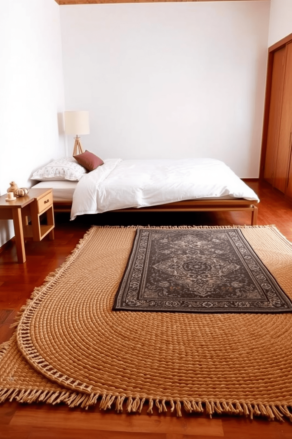 A serene Asian bedroom featuring layered rugs that add depth and texture to the space. The floor is adorned with a large woven jute rug topped with a smaller silk rug showcasing intricate patterns. The room is accented with natural wood furniture, including a low platform bed and a minimalist nightstand. Soft, neutral tones on the walls complement the rich colors of the rugs and bedding, creating a tranquil atmosphere.