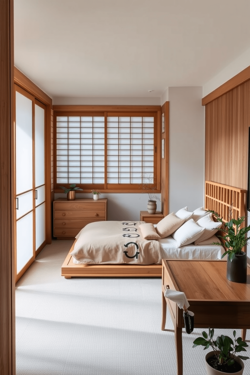 A serene Asian-inspired bedroom featuring natural wood finishes that create a warm and inviting atmosphere. The room includes a low platform bed with a bamboo headboard, surrounded by soft, neutral bedding and decorative cushions in earthy tones. Sliding shoji screens allow natural light to filter in, enhancing the tranquil ambiance. A simple wooden dresser and a small, elegant writing desk complete the space, while indoor plants add a touch of greenery and life.