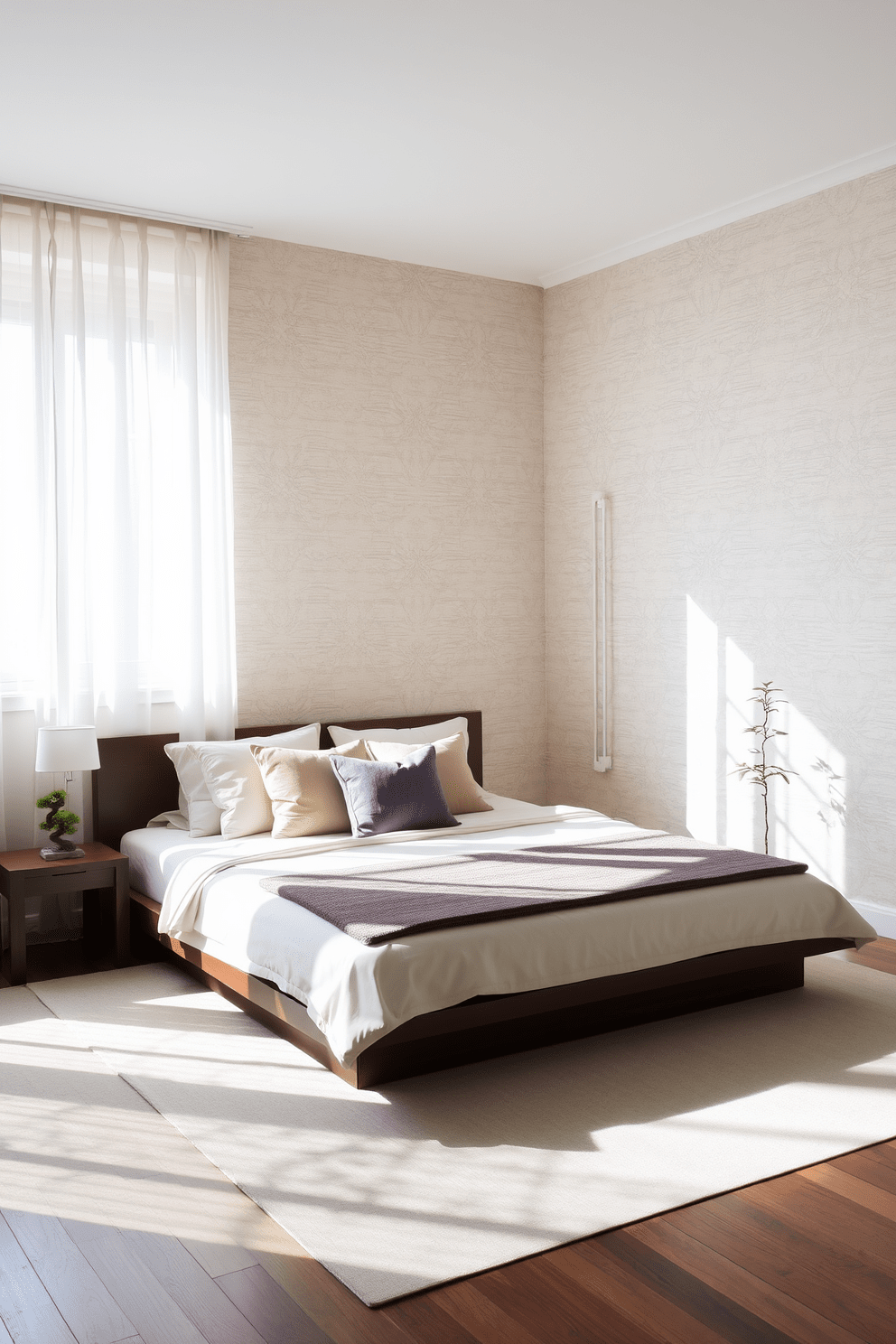 A serene Asian bedroom featuring subtle patterns in the wallpaper that evoke a sense of tranquility. The room is adorned with a low platform bed dressed in soft linens, complemented by decorative throw pillows in muted tones. Natural light filters through sheer curtains, casting gentle shadows on the floor. A minimalist wooden nightstand holds a small bonsai tree and a delicate lamp, enhancing the peaceful ambiance of the space.