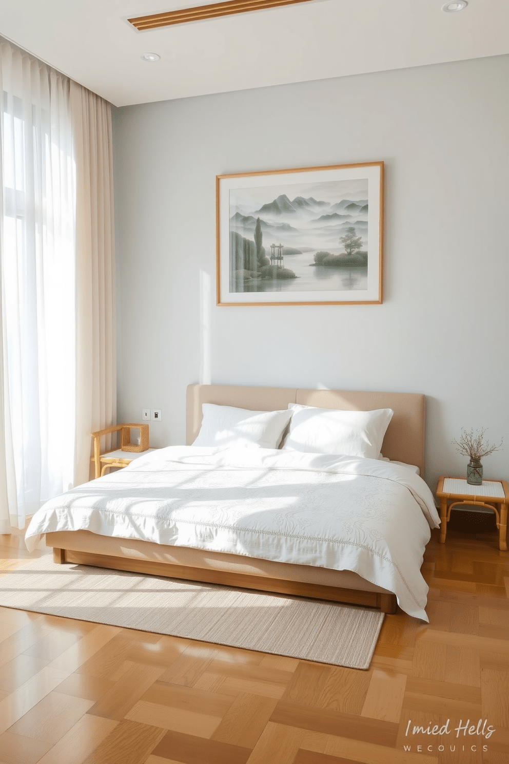 A serene Asian bedroom design featuring soft hues like pale blue and gentle beige. The room is adorned with a low platform bed dressed in crisp white linens and a delicate quilt, complemented by bamboo side tables on either side. Natural light filters through sheer curtains, casting a warm glow on the polished wooden floor. A large, framed artwork depicting tranquil landscapes hangs above the bed, enhancing the calming atmosphere of the space.