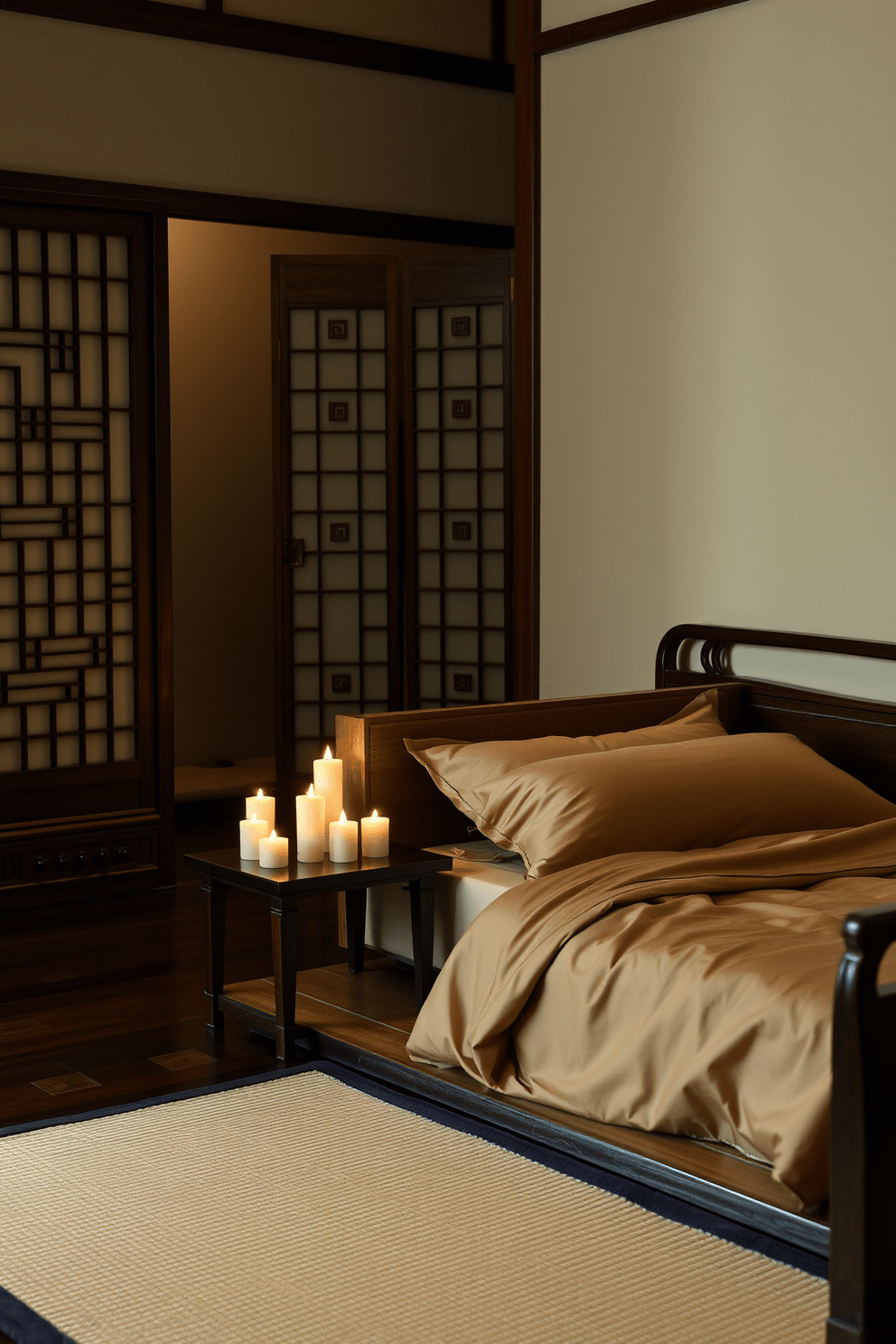 A serene Asian bedroom featuring candle arrangements that create a soft glow. The room is adorned with rich wooden furniture, a low platform bed, and delicate silk bedding in earthy tones. Softly flickering candles are placed on a wooden nightstand beside the bed, casting a warm light. A decorative screen with intricate patterns separates the sleeping area from a small meditation nook, enhancing the tranquil atmosphere.