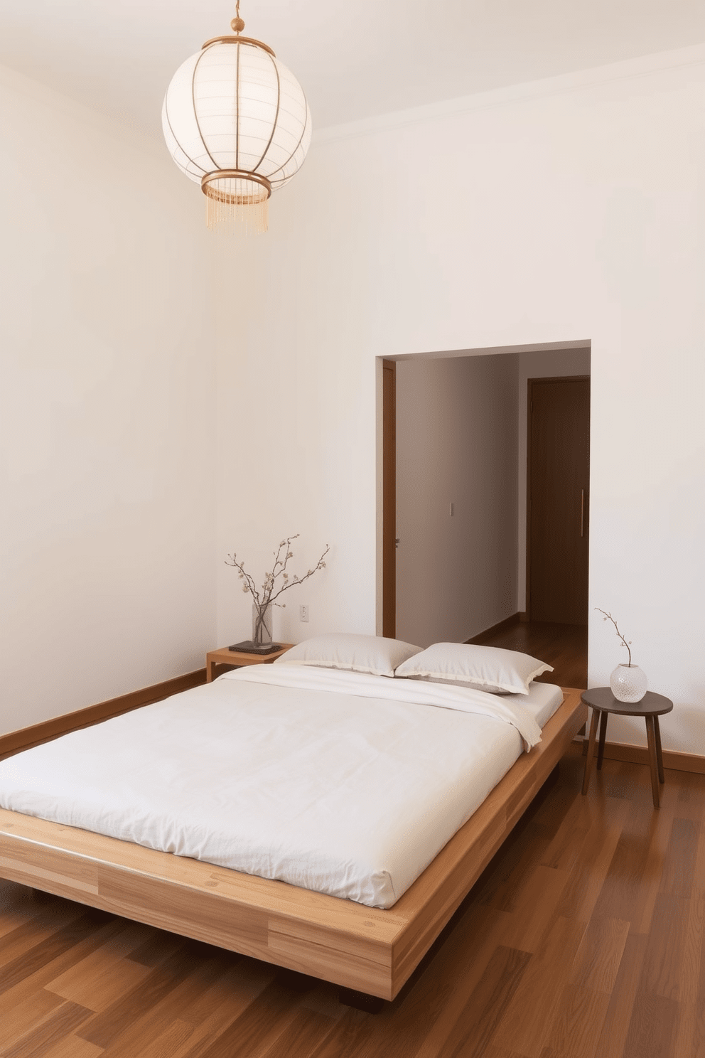 A low platform bed is centered in the room, featuring a minimalist design with clean lines and a natural wood finish. Soft, neutral bedding complements the bed, while delicate Asian-inspired decor elements, such as bamboo accents and a paper lantern, enhance the serene atmosphere. The walls are painted in a calming light color, creating a tranquil backdrop for the space. A small, low-profile nightstand beside the bed holds a simple vase with cherry blossoms, adding a touch of nature to the elegant design.