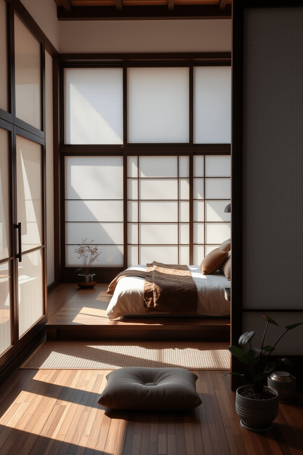 A serene Asian bedroom featuring sliding shoji screens that provide privacy and elegance. The room is adorned with a low platform bed dressed in soft linens and accented with decorative pillows in rich earth tones. Natural light filters through the screens, casting gentle shadows on the bamboo flooring. A small meditation corner with a plush cushion and potted plants enhances the tranquil atmosphere.