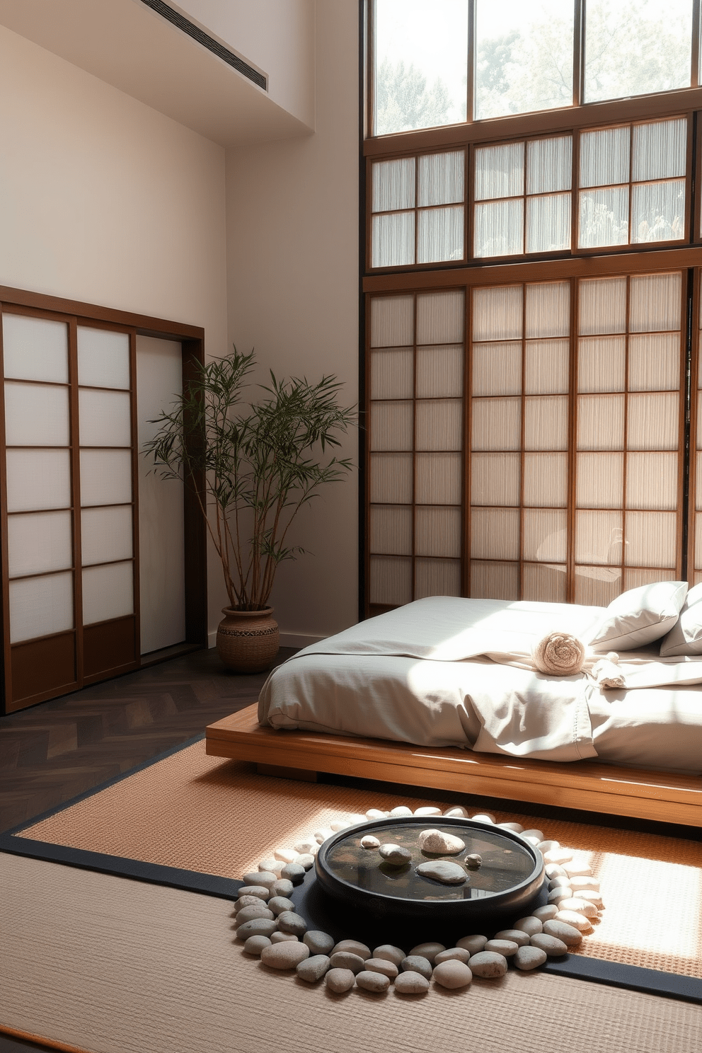 A serene Asian bedroom featuring a low platform bed with a natural wood finish and soft, neutral bedding. Large sliding shoji screens allow natural light to filter in, creating a peaceful atmosphere. Incorporate Zen garden elements such as smooth pebbles and a small indoor water feature to enhance tranquility. Bamboo plants are strategically placed to add a touch of nature and promote relaxation.