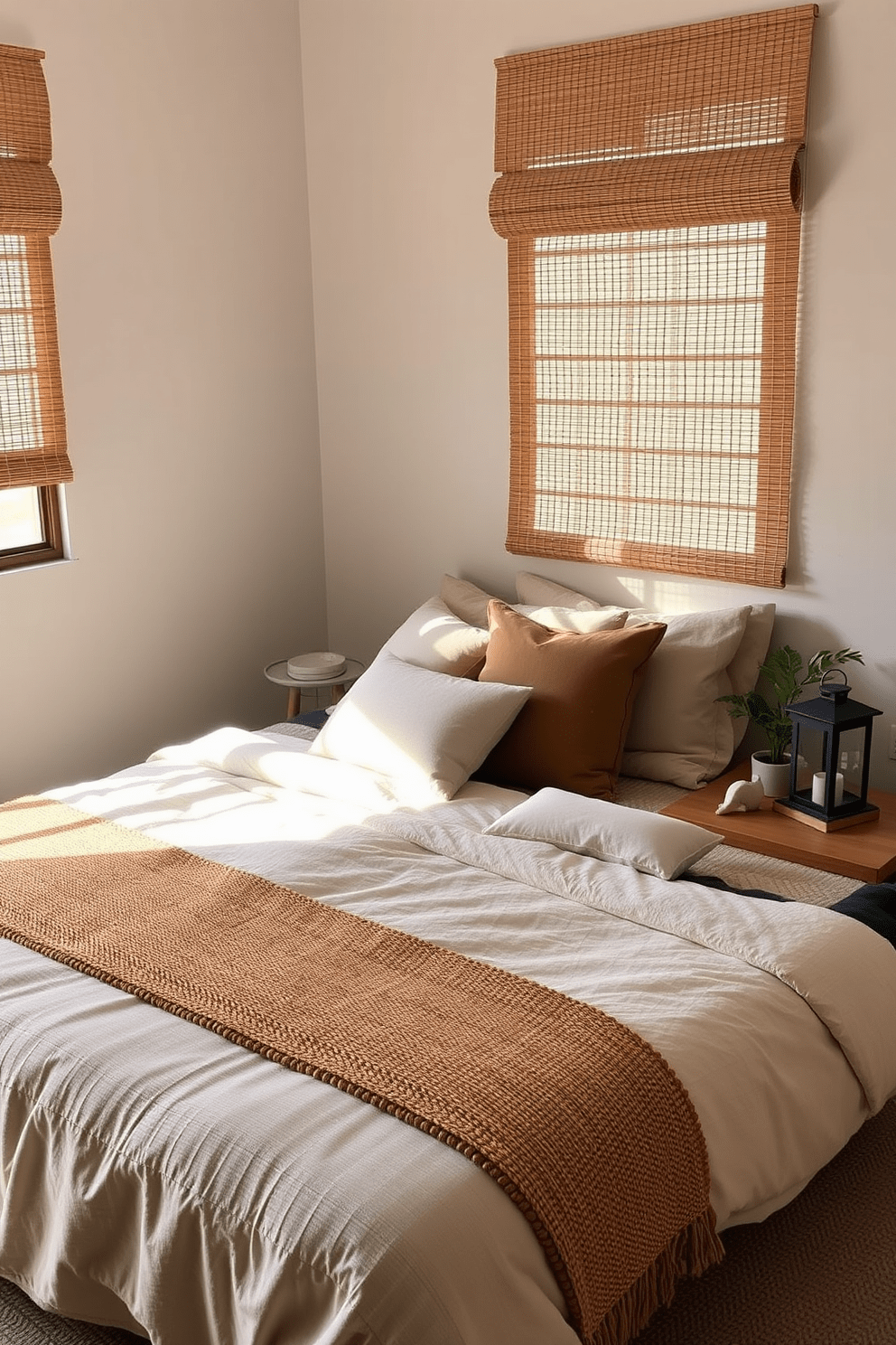 A serene Asian bedroom featuring woven textiles that create a cozy atmosphere. The bed is adorned with a soft, textured duvet and decorative pillows in earthy tones, complemented by a woven throw at the foot of the bed. Natural light filters through bamboo shades, casting gentle shadows across the room. A low wooden bedside table holds a small potted plant and a traditional lantern, enhancing the tranquil vibe.