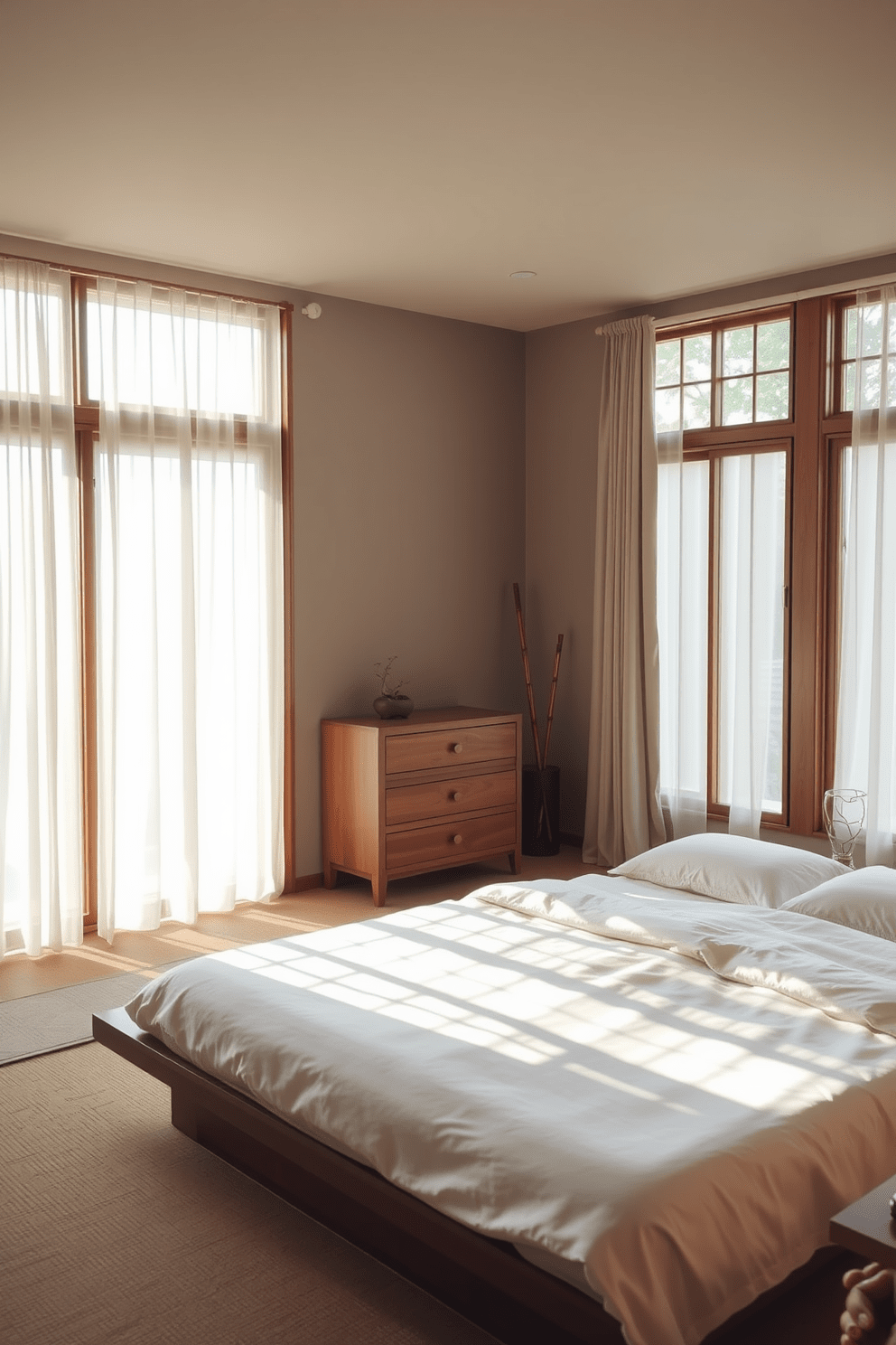 A serene Asian bedroom featuring natural light streaming through large floor-to-ceiling windows. The room is adorned with a low wooden platform bed dressed in crisp white linens and surrounded by delicate silk curtains. In one corner, a minimalist wooden dresser complements the space, while a small Zen garden sits on a side table. Soft earth tones and subtle textures create a calming atmosphere, with bamboo accents adding a touch of nature.