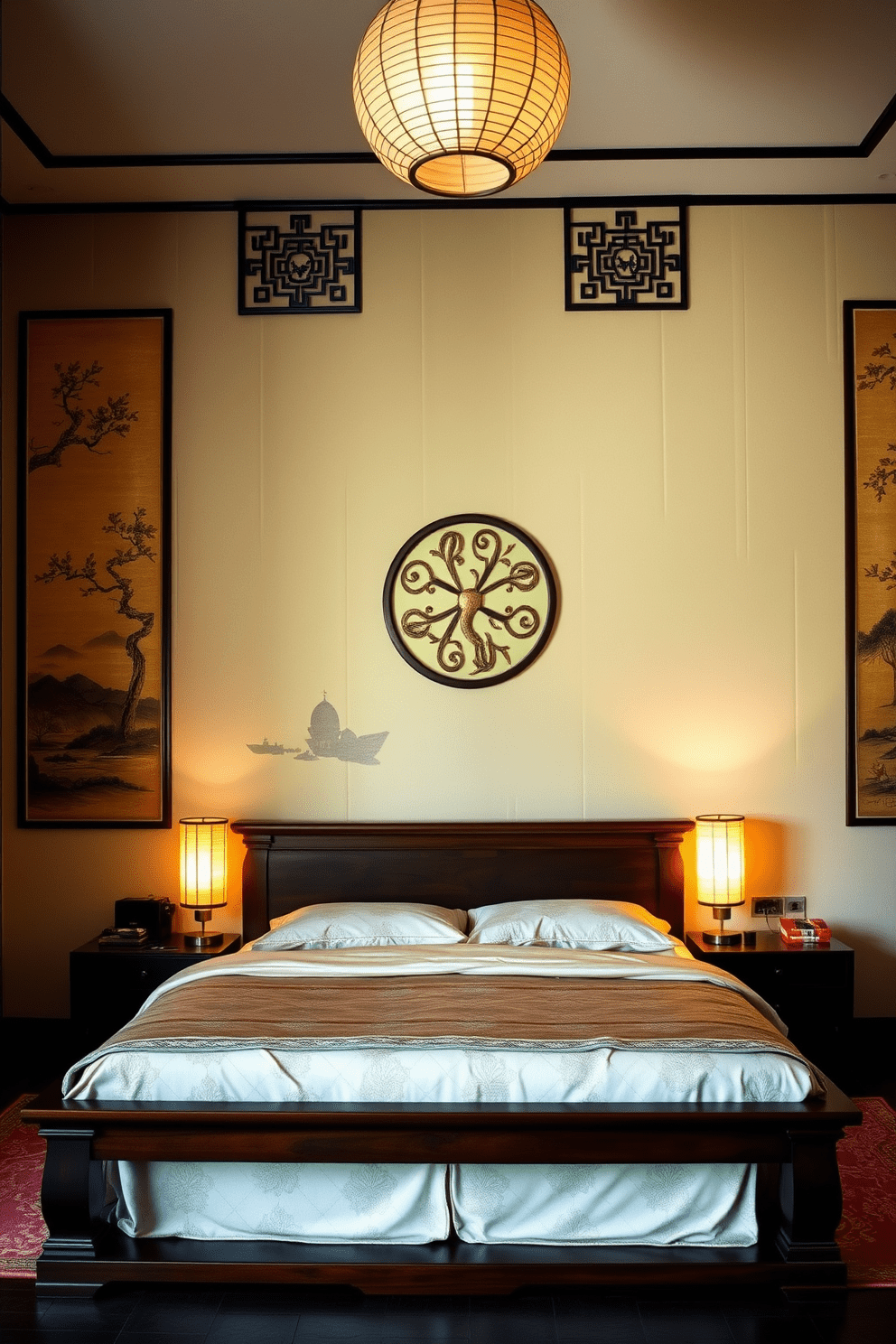 A serene Asian-inspired bedroom featuring elegant wall art that reflects traditional motifs. The walls are adorned with intricate silk panels depicting nature scenes, creating a calming atmosphere. The bedding consists of a rich, dark wood platform bed dressed in luxurious fabrics with subtle patterns. Soft lighting from paper lanterns enhances the tranquil ambiance, inviting relaxation and peace.