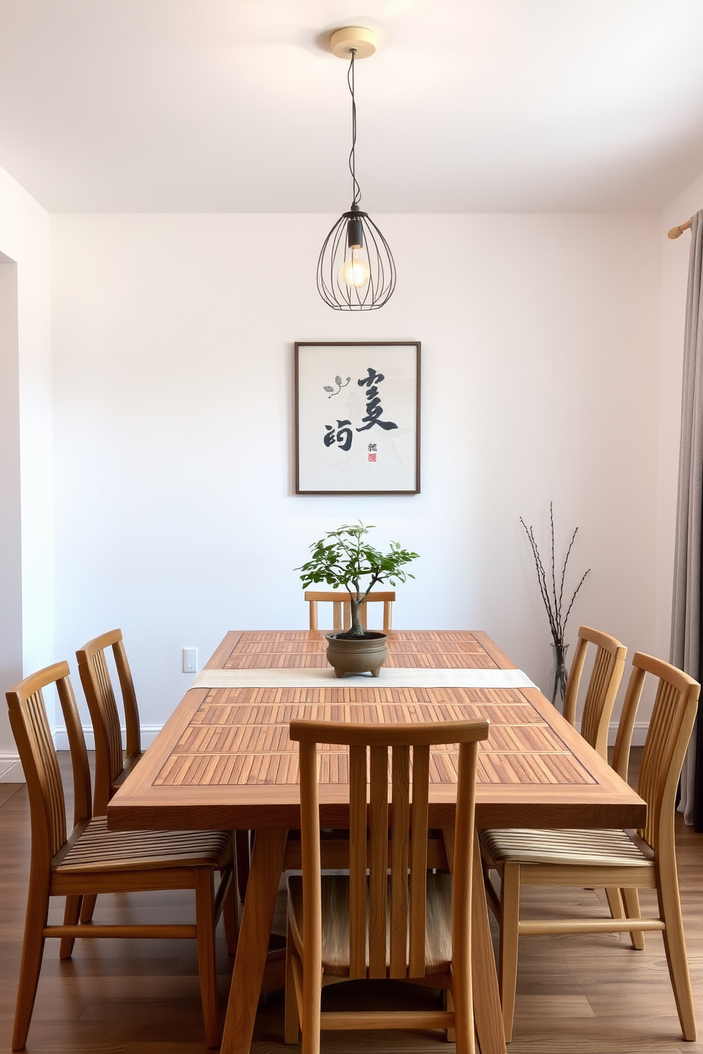 A minimalist bamboo dining table is set in an Asian-inspired dining room. The table is surrounded by simple, elegant chairs made of natural wood, and a soft, neutral table runner adds a subtle touch of warmth. Above the table, a delicate pendant light with an organic design casts a warm glow. The walls are adorned with subtle artwork that reflects Asian aesthetics, while a small potted bonsai tree sits gracefully on the table.