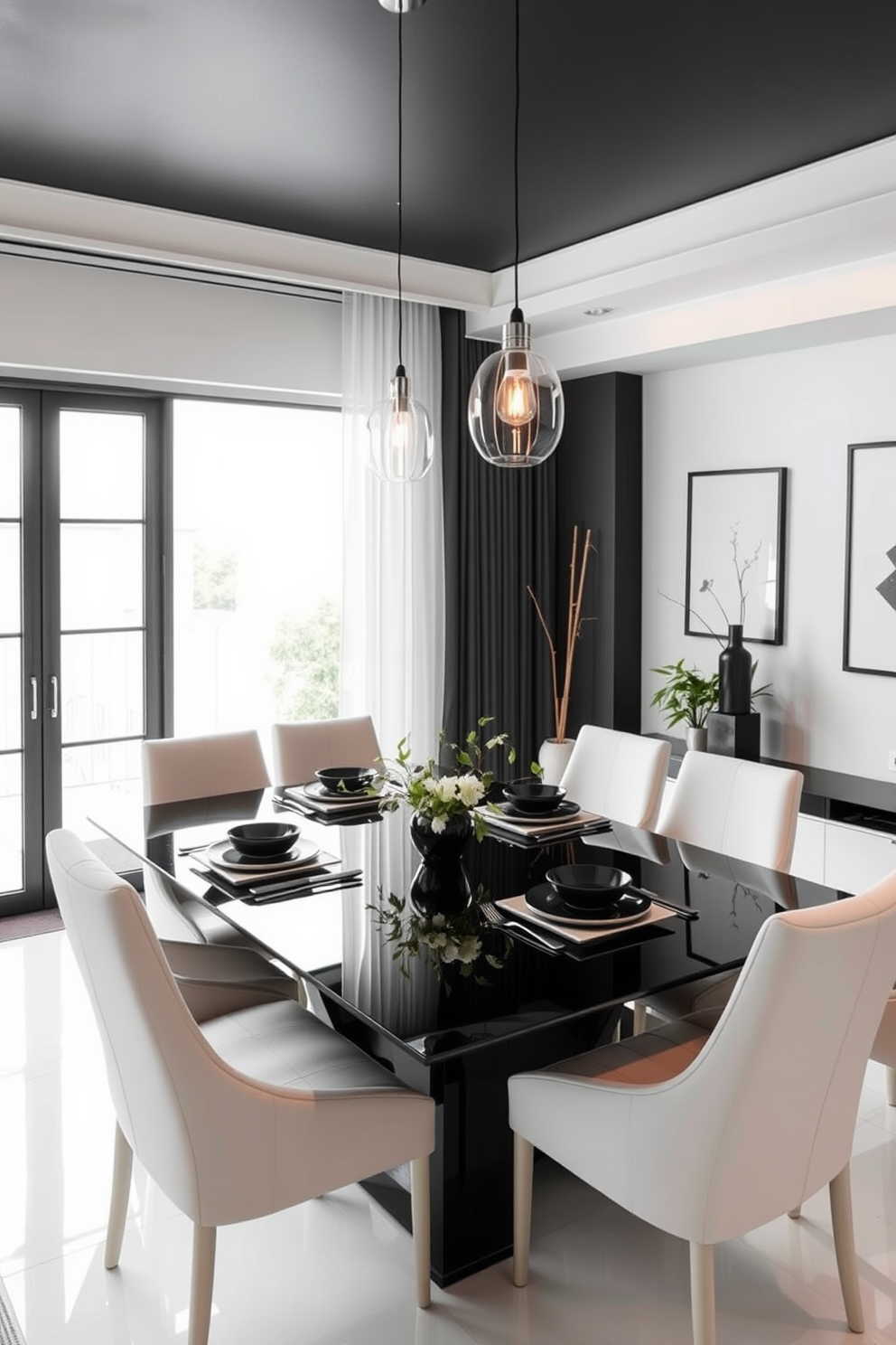 A sleek black and white dining room features a modern rectangular table with a glossy black finish surrounded by white upholstered chairs. Elegant pendant lights hang above the table, casting a warm glow on the minimalist decor, which includes a simple floral centerpiece and black tableware. The walls are adorned with subtle black and white artwork that complements the overall aesthetic, while bamboo accents add a touch of Asian influence. A large window allows natural light to flood the space, enhancing the clean lines and tranquil atmosphere of the room.