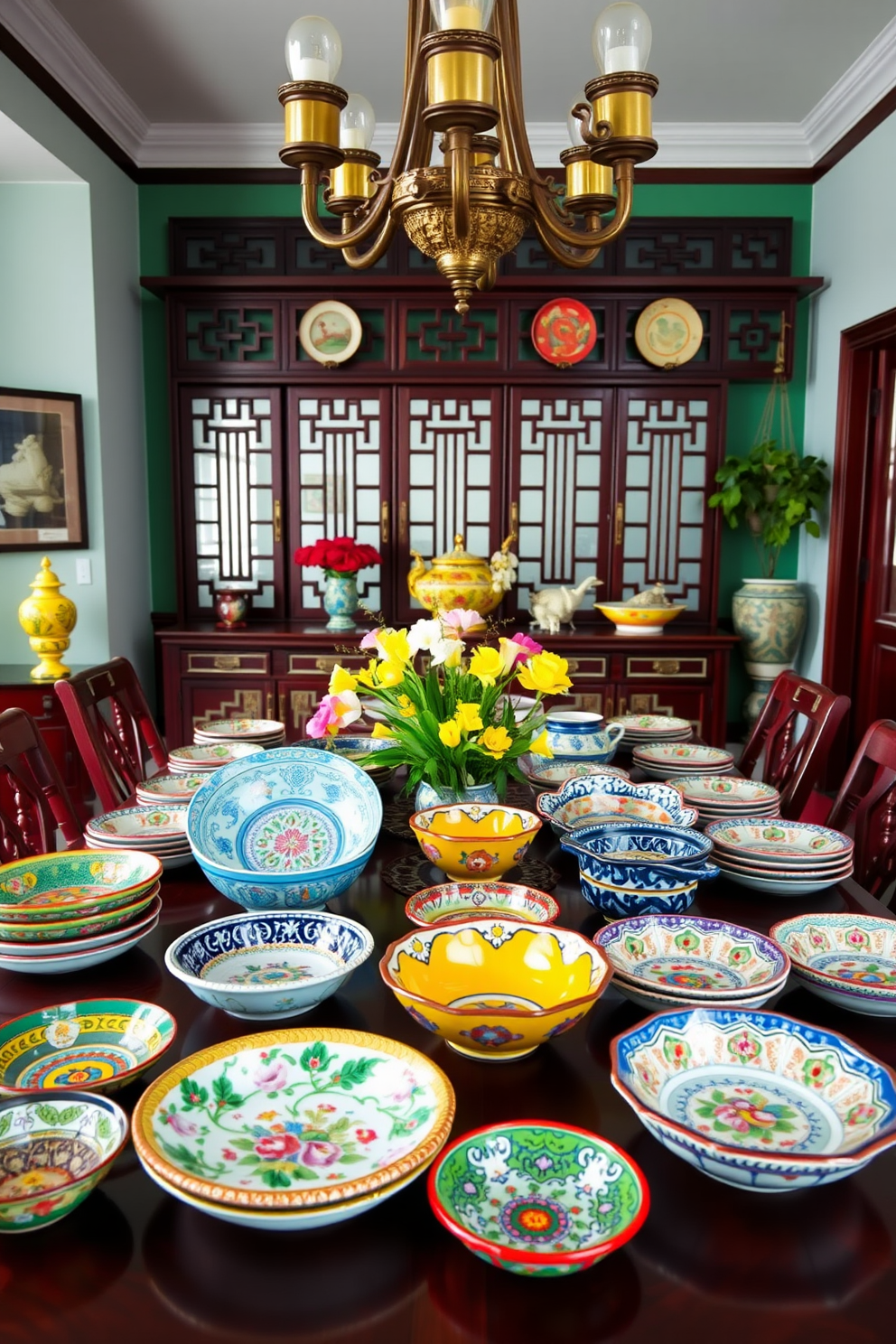 A vibrant Asian dining room showcases a beautifully arranged display of brightly colored ceramic dishware. The table is set with an array of intricate plates and bowls, featuring floral and geometric patterns that bring a lively atmosphere to the space.