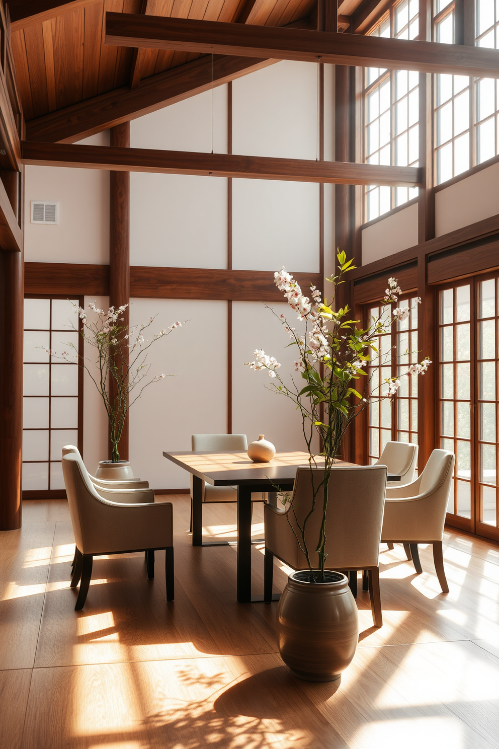 A serene Asian dining room bathed in natural light streaming through large windows. The space features a low wooden table surrounded by elegantly upholstered chairs, with delicate cherry blossom decor accentuating the ambiance. Rich wooden beams frame the ceiling, adding warmth to the minimalist design. Bamboo plants in ceramic pots are strategically placed, enhancing the connection to nature and creating a tranquil dining experience.