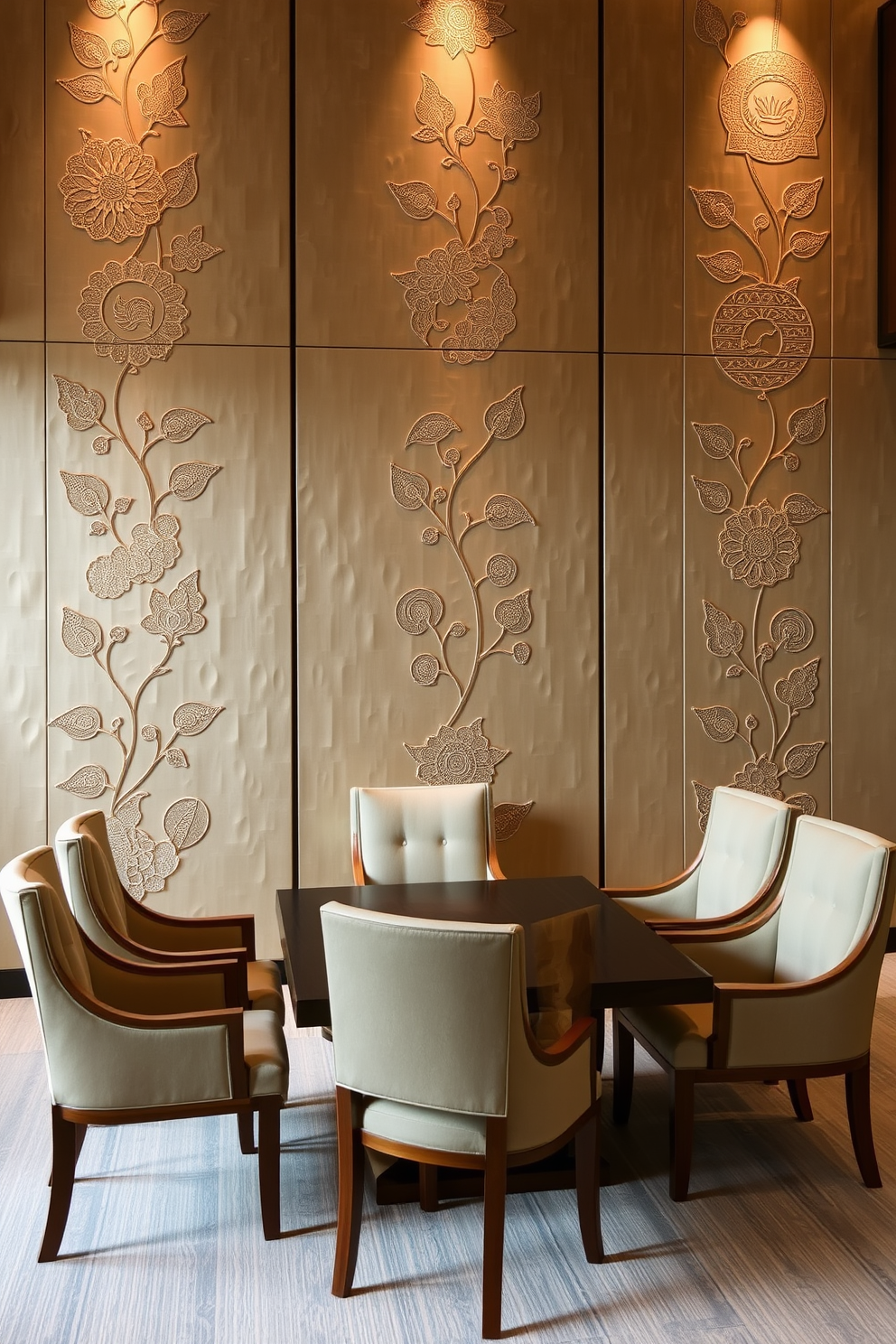 Textured wall panels featuring intricate Asian motifs create a serene and inviting atmosphere in the dining room. The space is enhanced by a low wooden table surrounded by elegant upholstered chairs, complemented by soft ambient lighting.