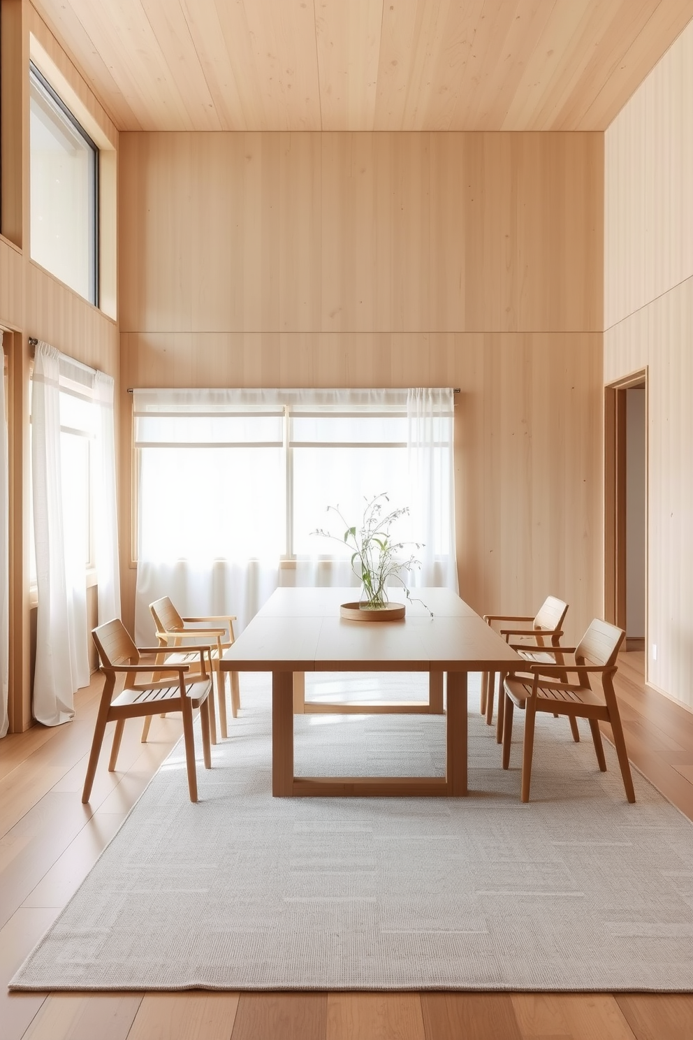 A serene dining room that beautifully blends Japanese and Scandinavian design elements. The space features a low wooden dining table surrounded by minimalist chairs with clean lines, all set against a backdrop of light-colored wooden walls. Natural light floods the room through large windows adorned with simple linen curtains. A carefully arranged centerpiece of bamboo and delicate flowers adds a touch of nature, while a soft area rug in neutral tones anchors the space.