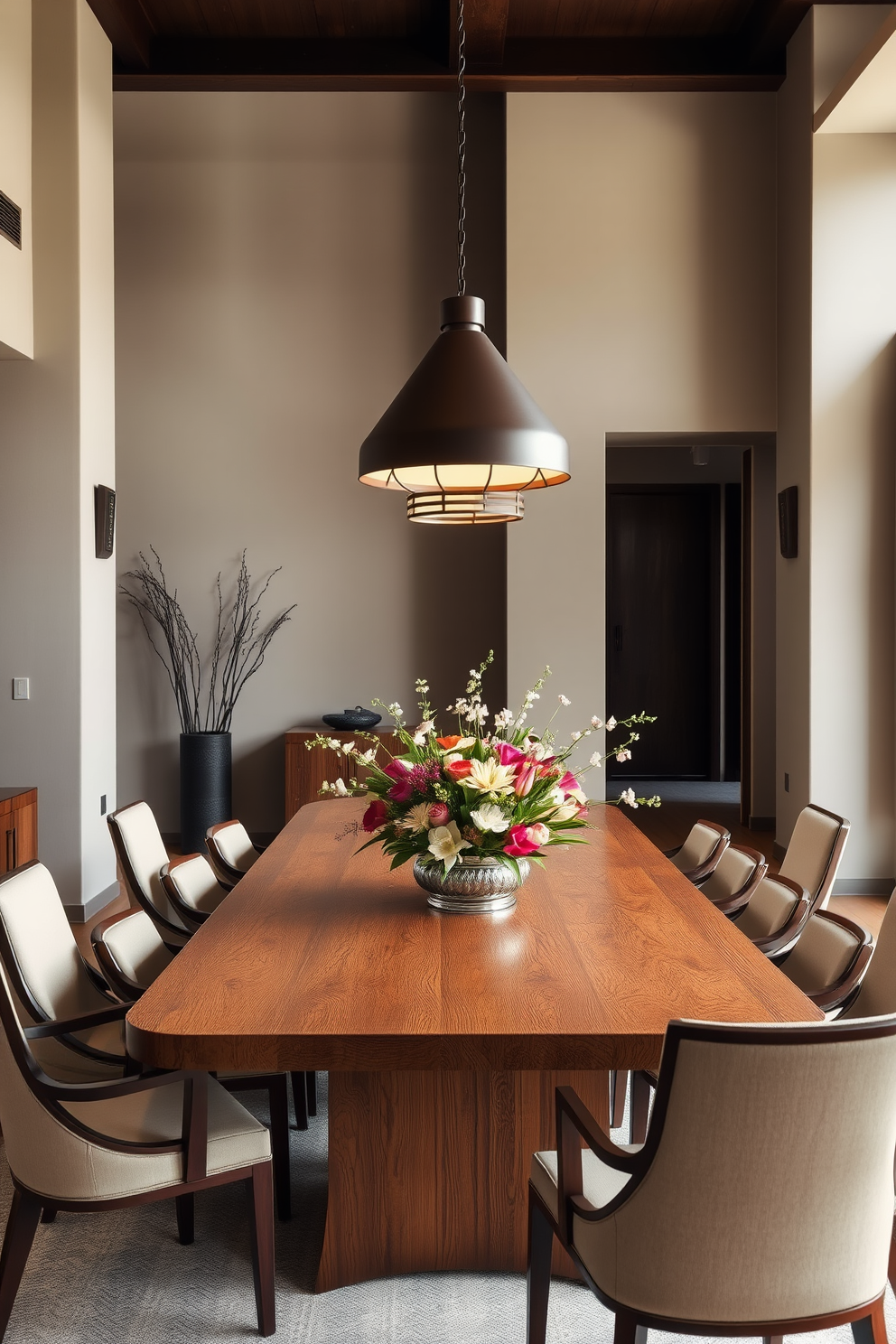 A serene Asian dining room featuring a large wooden table surrounded by elegant chairs. Statement pendant lighting hangs gracefully above the table, creating a warm and inviting atmosphere. The walls are adorned with subtle bamboo accents and soft earth tones, enhancing the tranquil vibe. A beautiful centerpiece of fresh flowers adds a touch of color and sophistication to the setting.